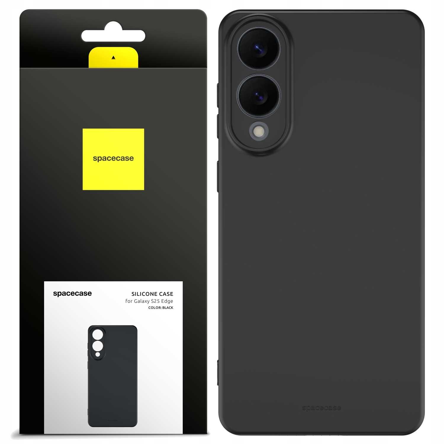 Czarne silikonowe etui na telefon z dwoma otworami na aparat. Opakowanie z logo \'spacecase\' i napisem \'SILICONE CASE for Galaxy S25 Edge COLOR: BLACK\'.