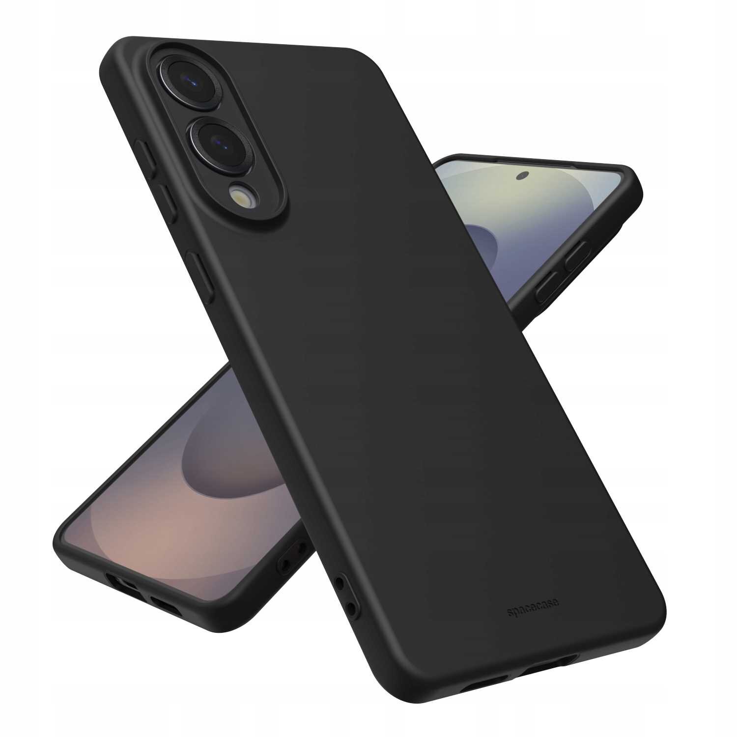 Czarne silikonowe etui na telefon z widocznymi wycięciami na aparat i przyciski. Na etui znajduje się napis \'spacecase\'.