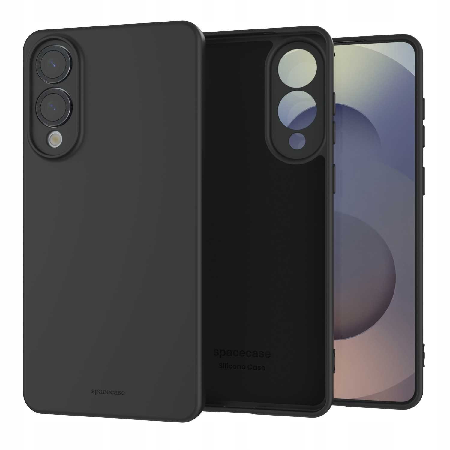 Czarne silikonowe etui na telefon z dwoma otworami na aparaty i napisem \'spacecase Silicone Case\'.