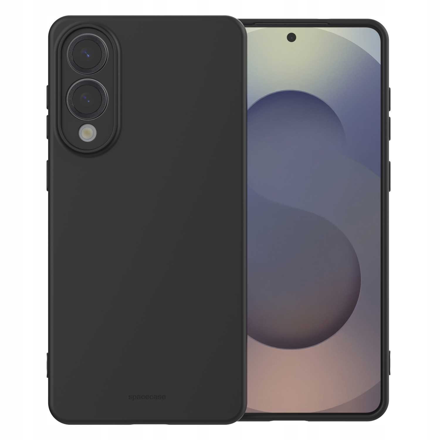 Czarne silikonowe etui na telefon z widocznymi wycięciami na dwa obiektywy aparatu i lampę błyskową. Na etui znajduje się napis \'spacecase\'.