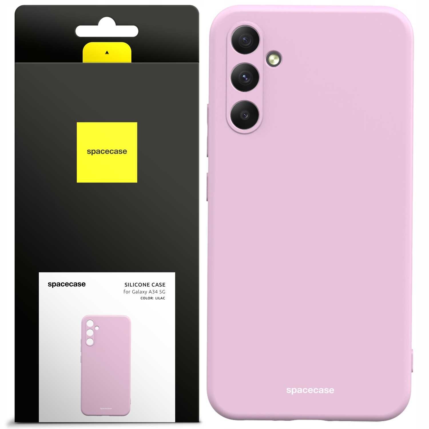 Różowe silikonowe etui na telefon z trzema otworami na aparat. Opakowanie z logo \'spacecase\' i napisem \'SILICONE CASE for Galaxy A34 5G COLOR: LILAC\'.