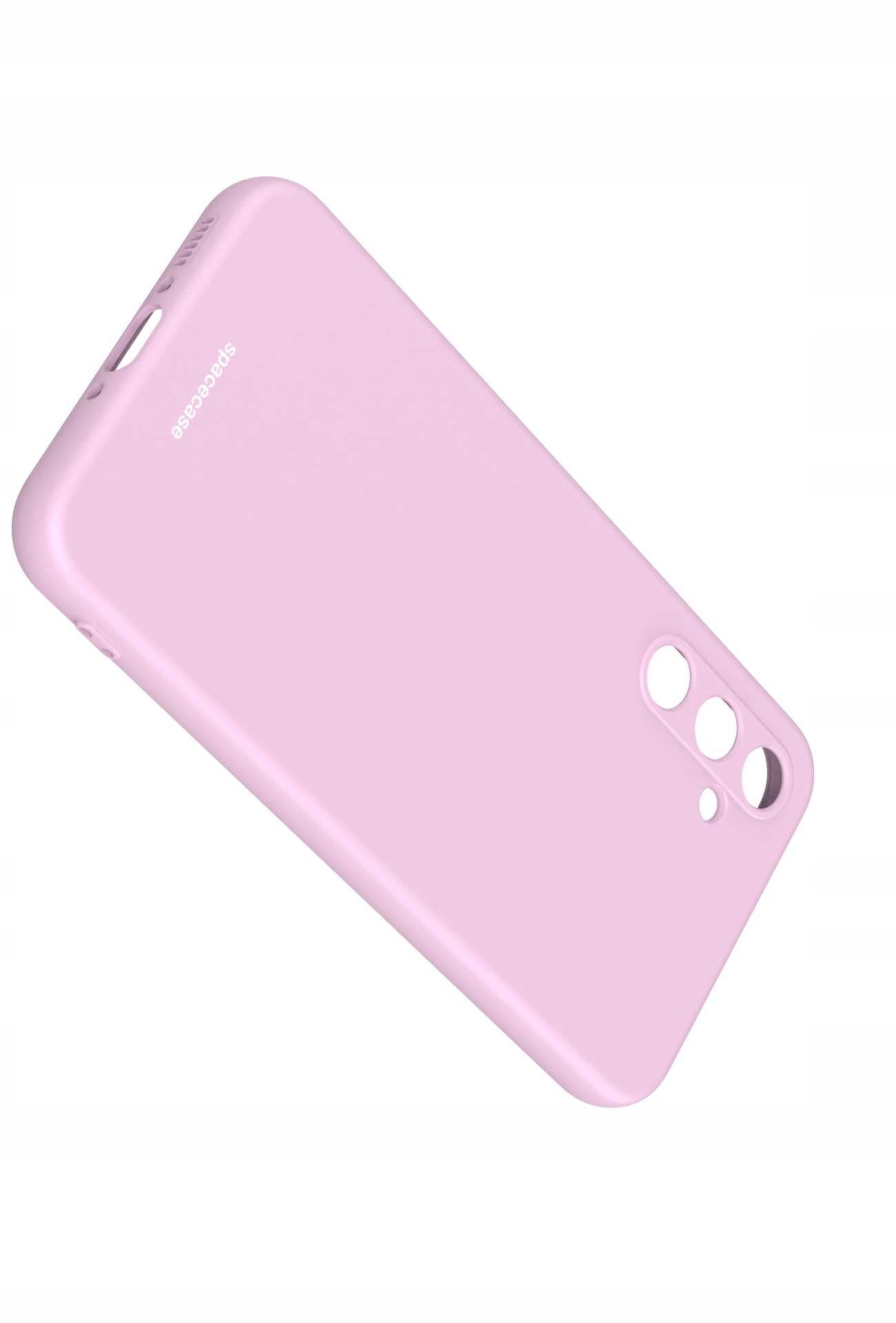 Różowe silikonowe etui z wycięciami na aparat i logo \'spacecase\' na powierzchni.