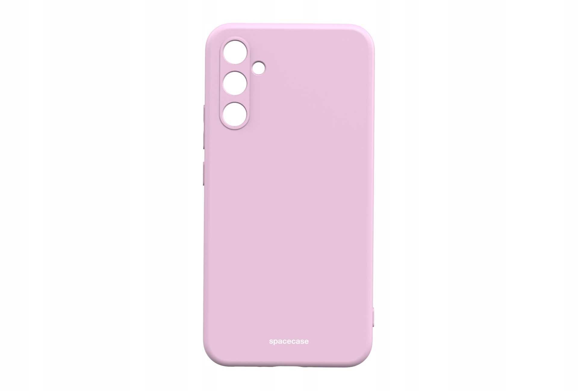 Różowe silikonowe etui z trzema otworami na aparat i logo \'spacecase\' na dole.