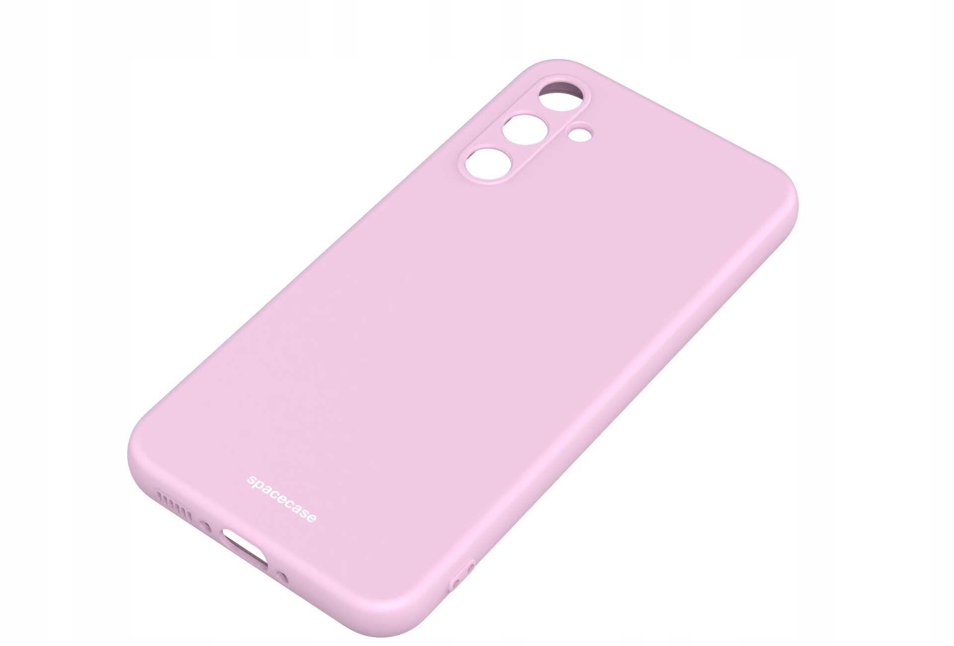 Różowe silikonowe etui z trzema otworami na aparat i napisem \'spacecase\' na dole.