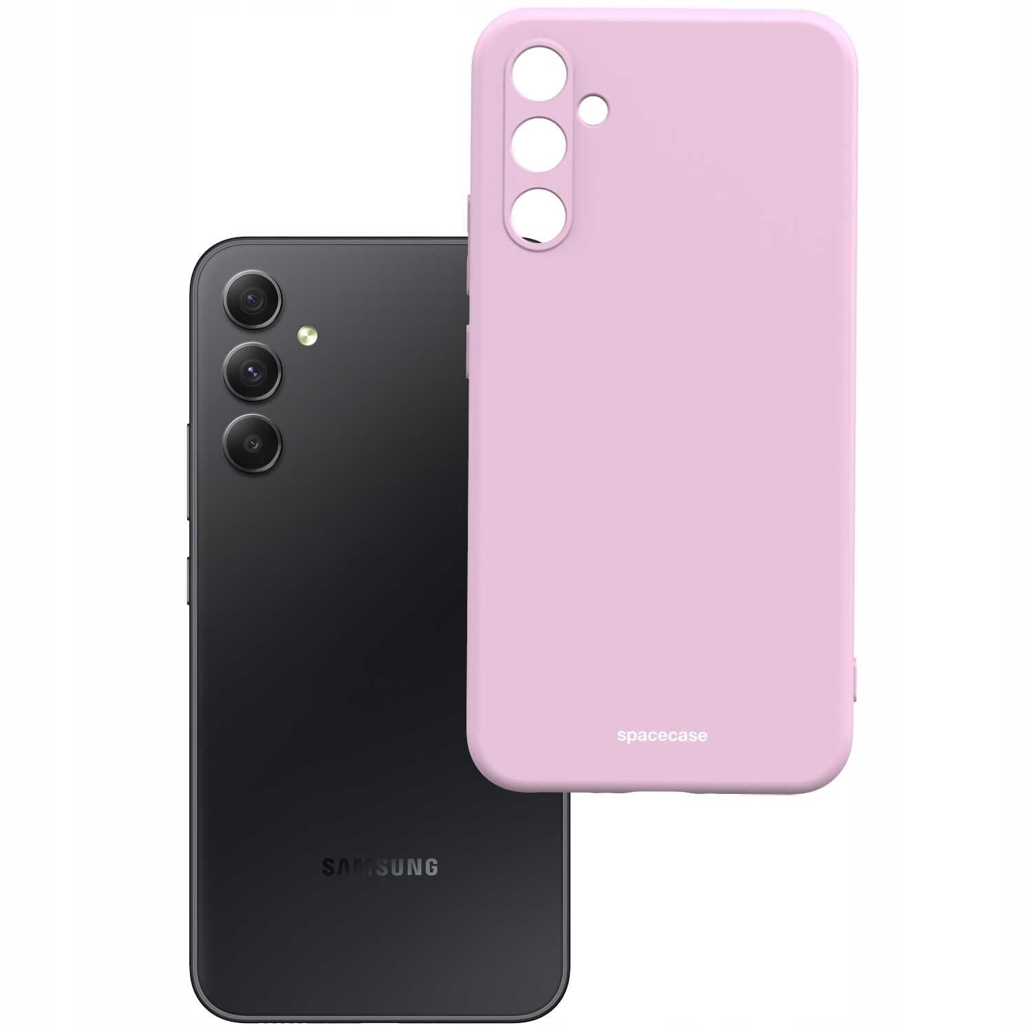 Na obrazie widoczne jest różowe silikonowe etui z napisem \'spacecase\', obok czarnego smartfona z trzema aparatami i logo \'Samsung\'.