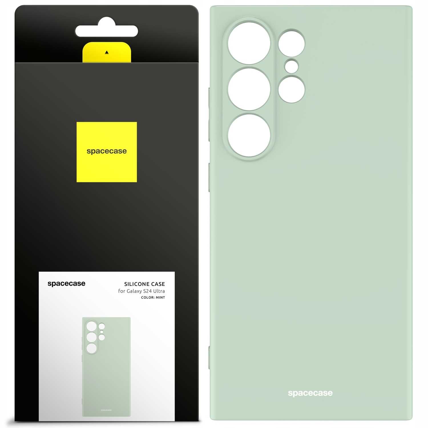 Obraz przedstawia zielone silikonowe etui z wycięciami na aparat, obok opakowania z logo \'spacecase\'. Na opakowaniu widnieje napis: \'SILICONE CASE for Galaxy S24 Ultra COLOR: MINT\'.