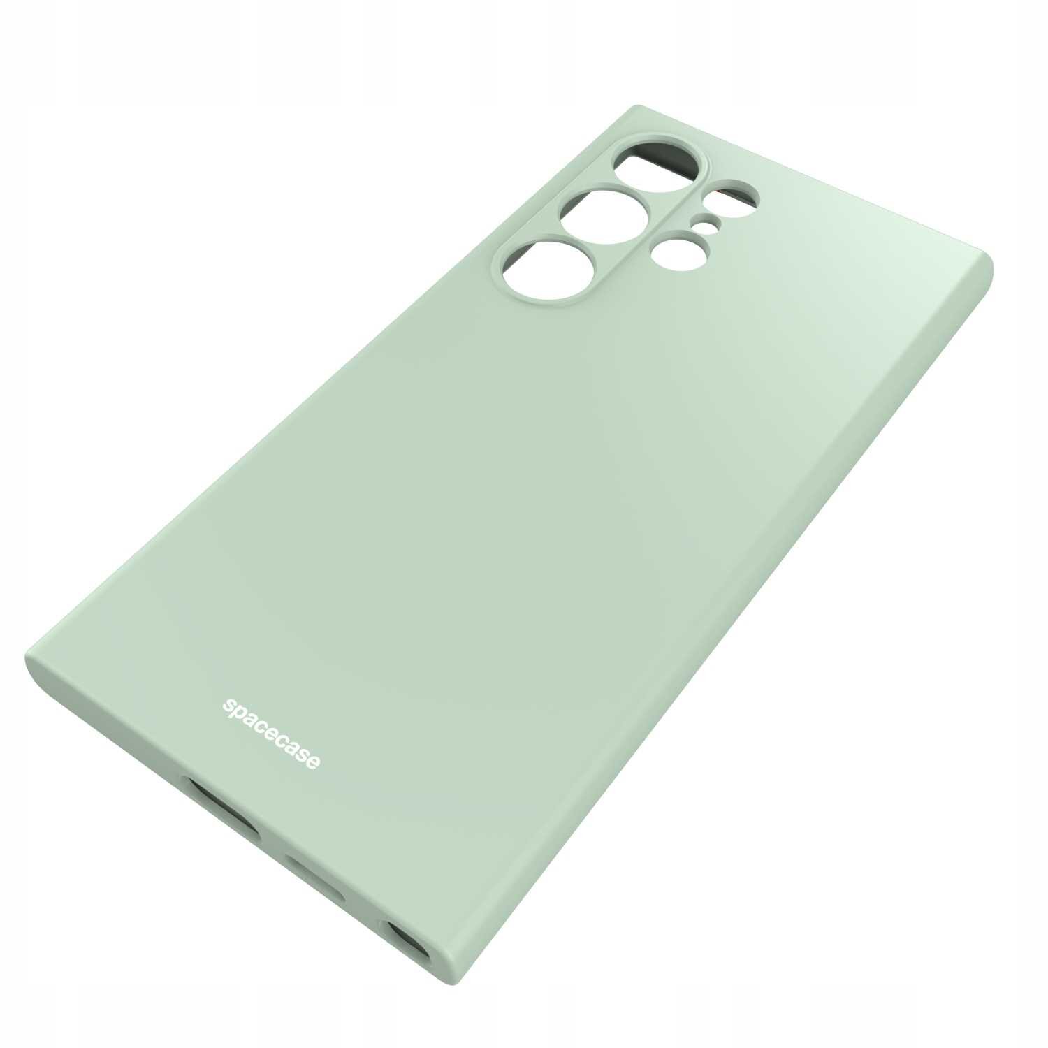 Zielone silikonowe etui z wycięciami na aparat i logo \'spacecase\' na dole.