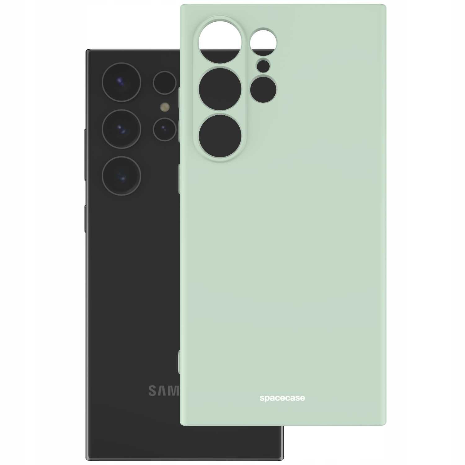 Zielone silikonowe etui z wycięciami na aparaty, obok czarnego telefonu z widocznymi obiektywami. Na etui widoczny jest napis \'spacecase\'.