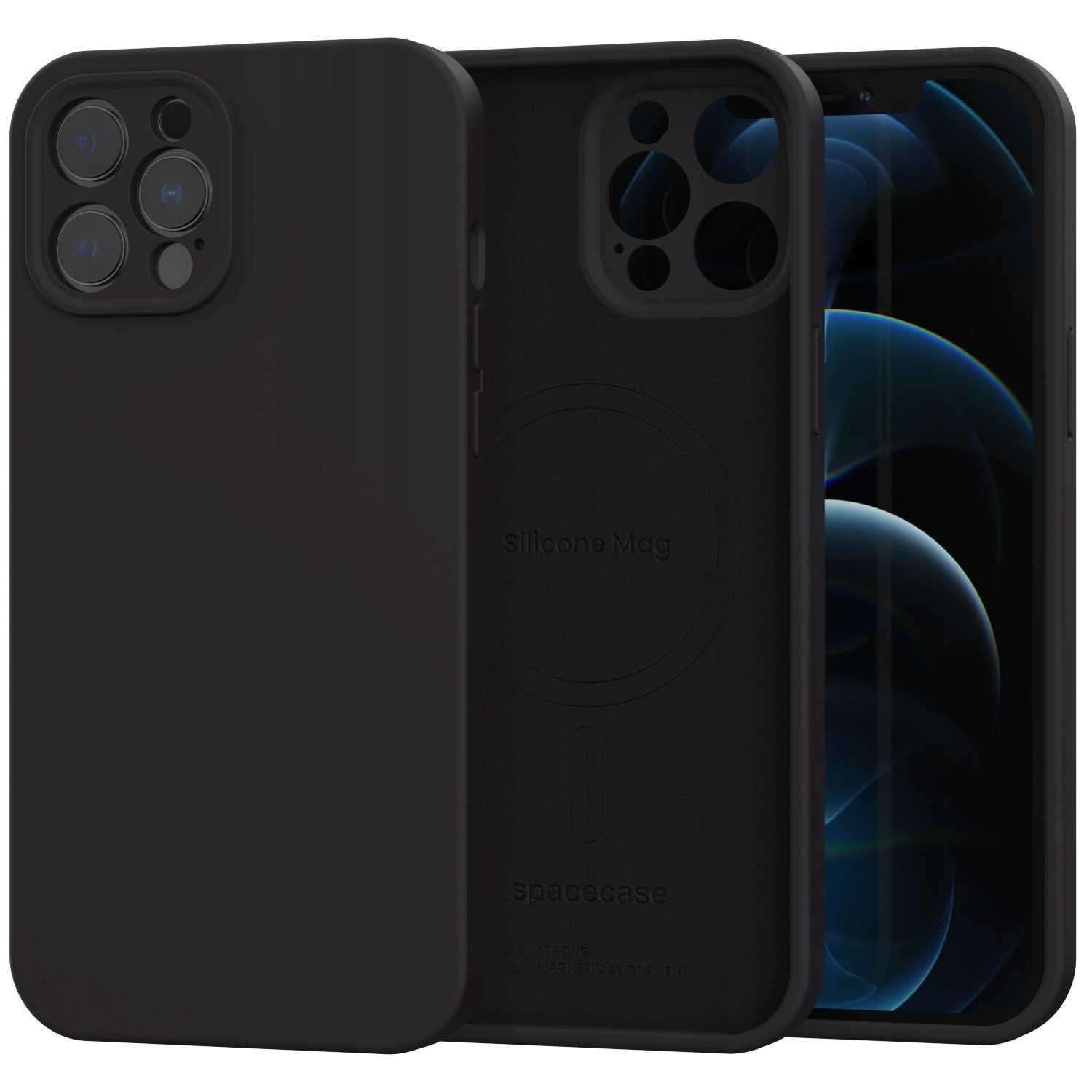 Czarne silikonowe etui magnetyczne na telefon z widocznymi wycięciami na aparat i logo \'Silicone Mag\' oraz \'spacecase\'.