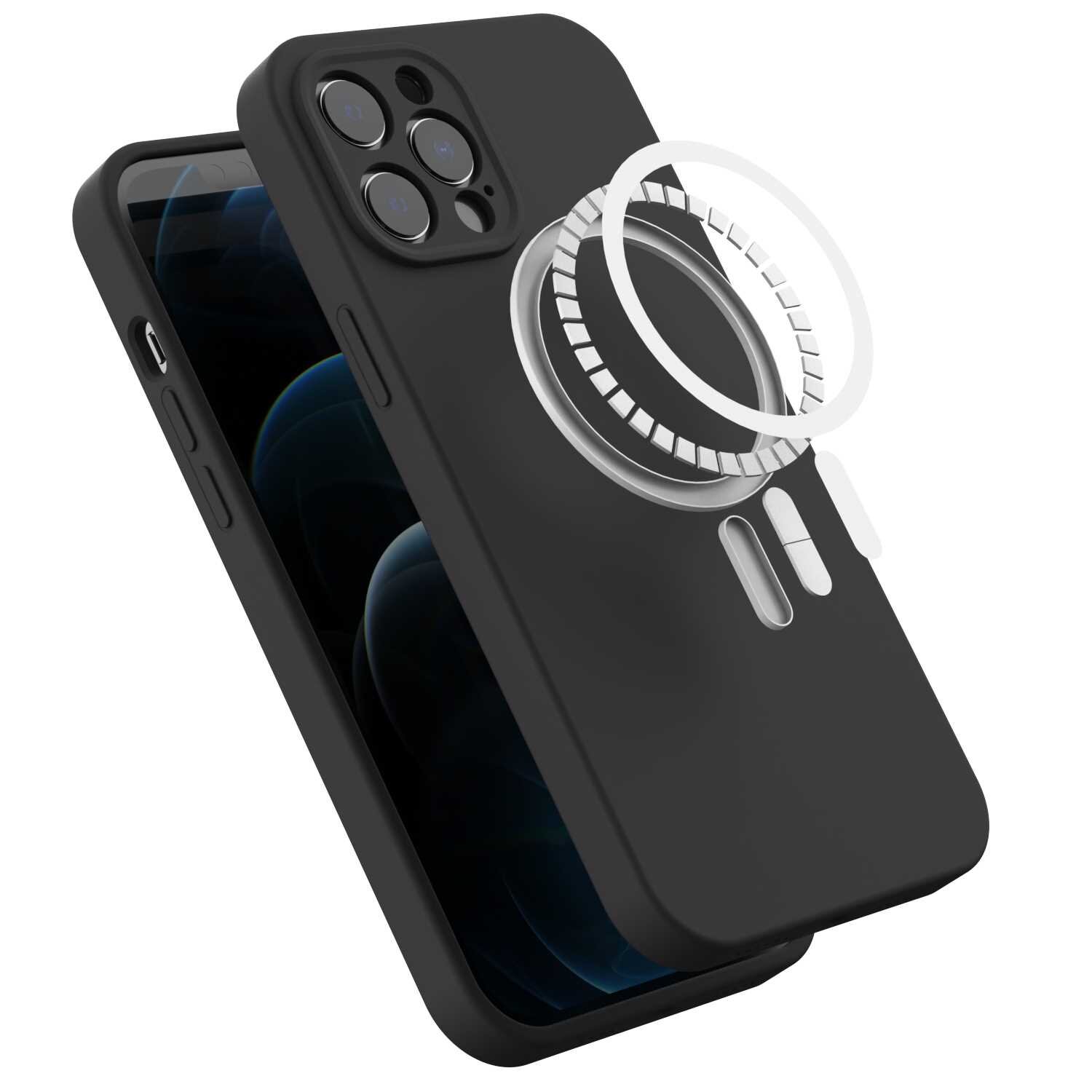 Czarne silikonowe etui magnetyczne z okrągłym wzorem na tylnej części, przeznaczone do iPhone 12 Pro Max. Widoczne są wycięcia na aparat i przyciski boczne.