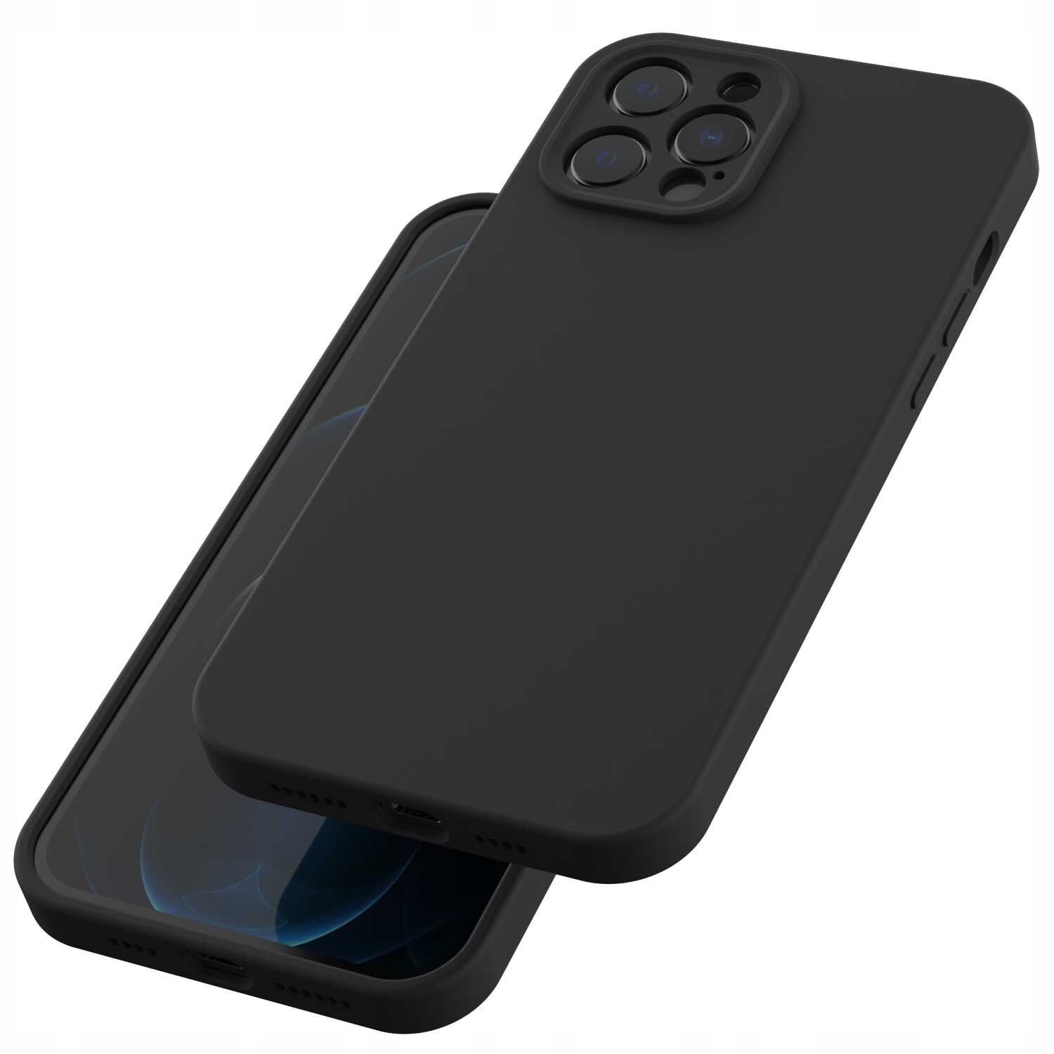 Czarne silikonowe etui magnetyczne na telefon z trzema otworami na aparaty. Etui jest dopasowane do kształtu telefonu i ma gładką powierzchnię.