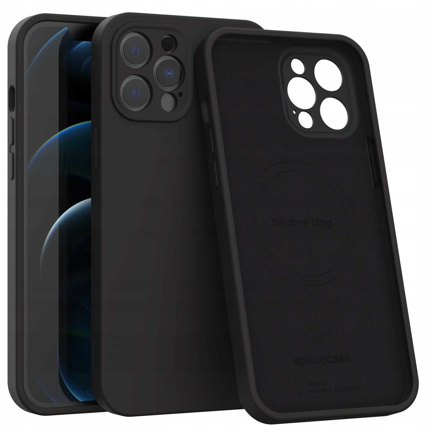 Czarne silikonowe etui magnetyczne z wycięciami na aparat i napisem \'Silicone Mag\' oraz \'spacecase\'.
