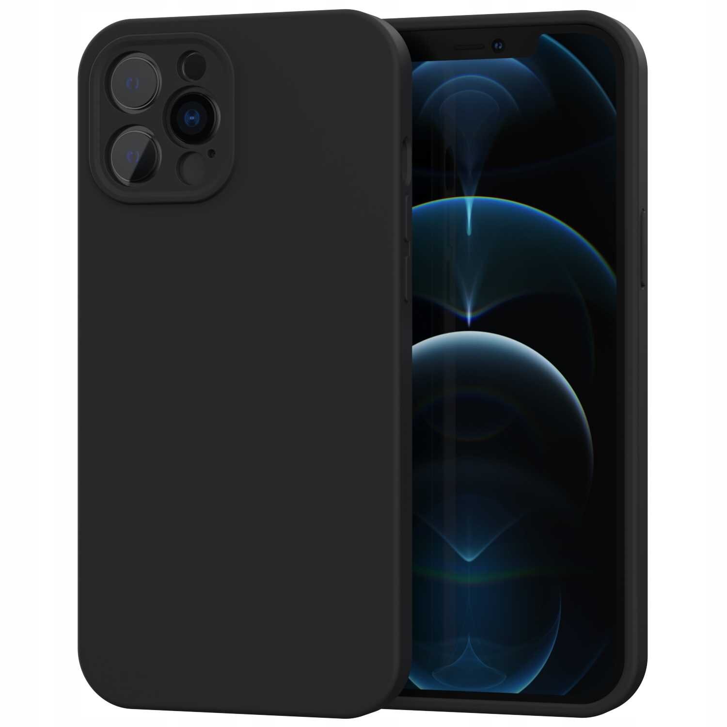 Czarne silikonowe etui na telefon z trzema otworami na aparaty fotograficzne. Obok etui widoczny jest telefon z wyświetlaczem pokazującym abstrakcyjny wzór świetlny.