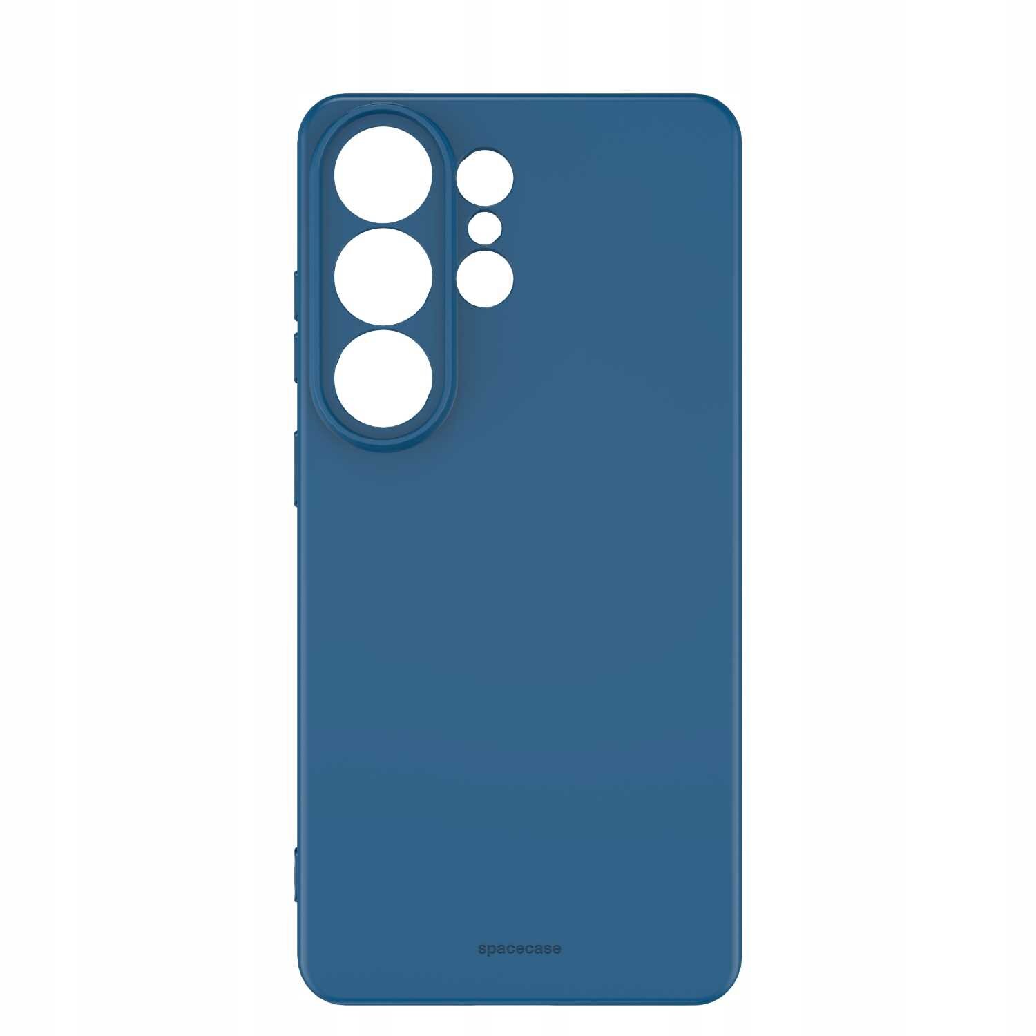 Niebieskie silikonowe etui z wycięciami na aparat i logo \'spacecase\' na dole.