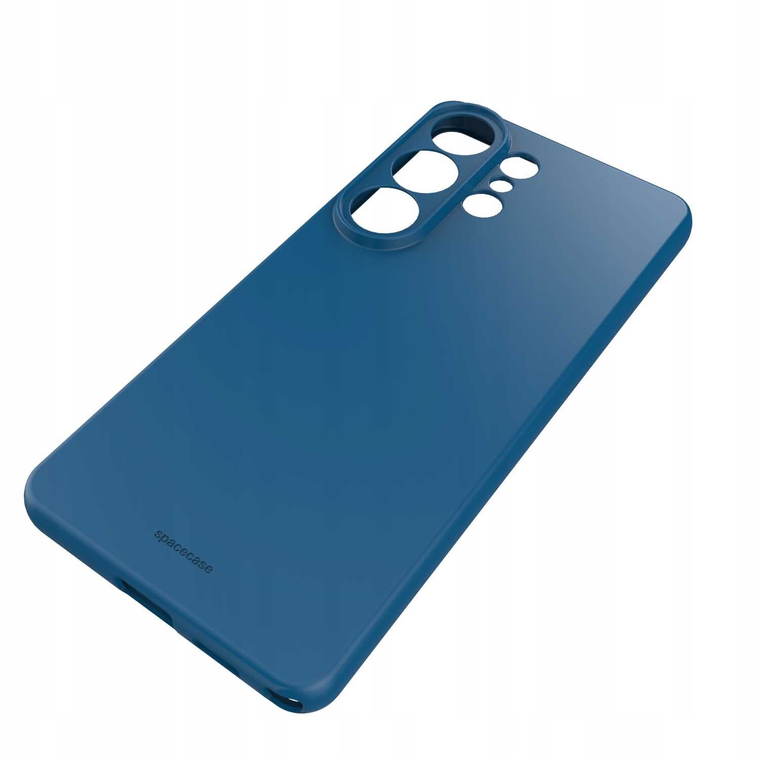 Niebieskie silikonowe etui z wycięciami na aparat i logo \'spacecase\' na dole. Etui jest przeznaczone do telefonu Galaxy S26 Ultra.