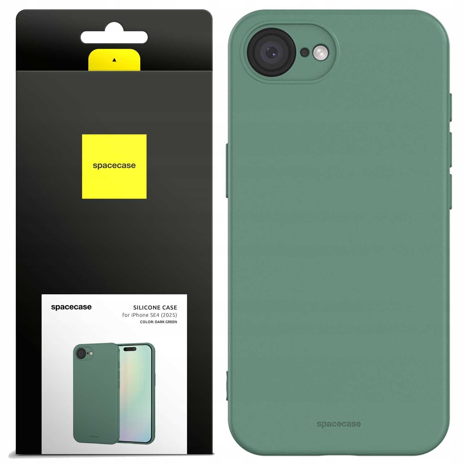 Zielone silikonowe etui na telefon z widocznym wycięciem na aparat. Opakowanie z logo \'spacecase\' zawiera zdjęcie etui i napis \'SILICONE CASE for iPhone SE4 (2025) COLOR: DARK GREEN\'.