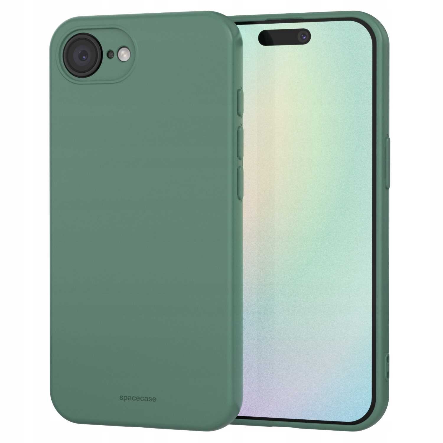 Zielone silikonowe etui na telefon z widocznym logo \'spacecase\'. Etui jest pokazane z przodu i z tyłu, z wycięciem na aparat i przyciski.