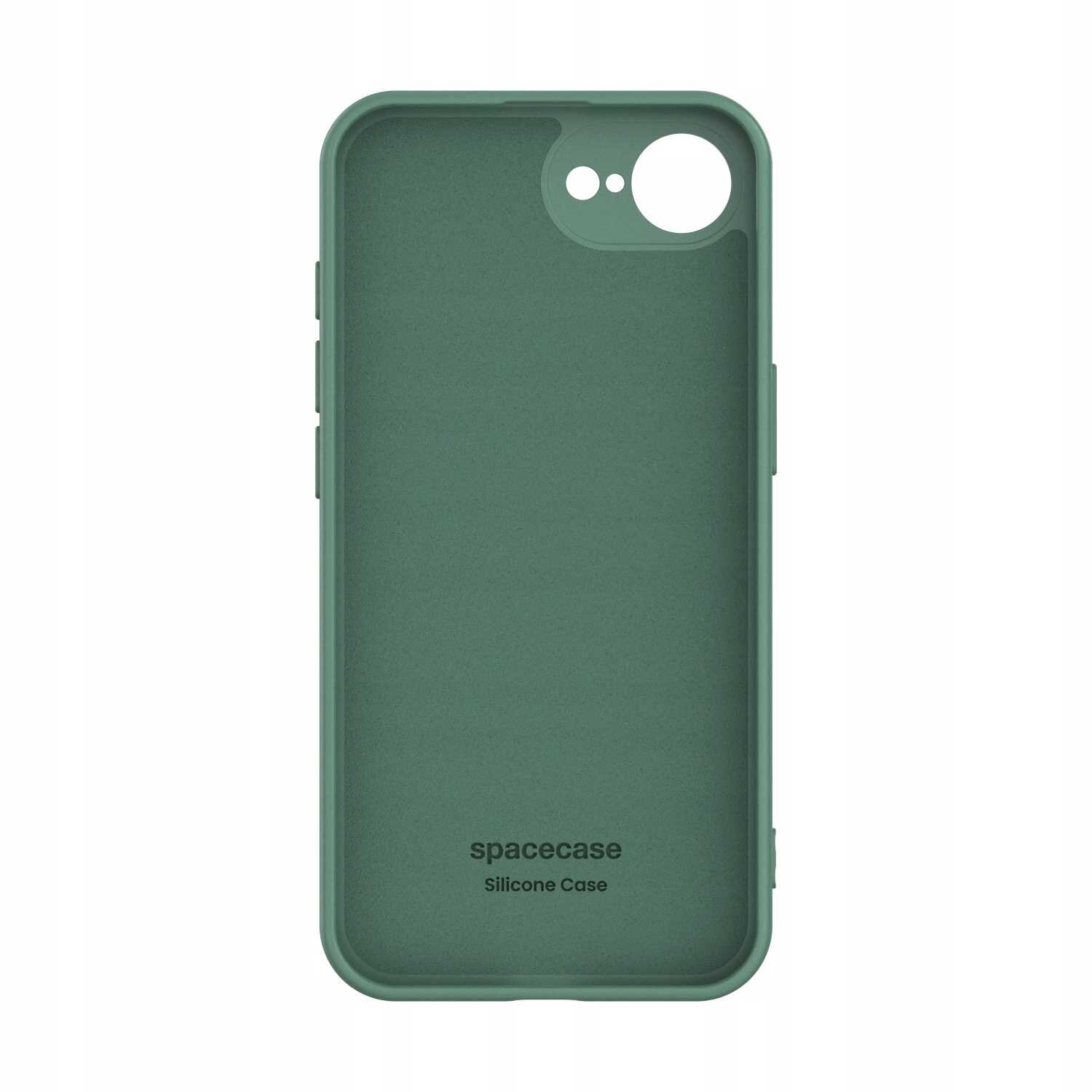 Zielone silikonowe etui z wycięciem na aparat i napisem \'spacecase Silicone Case\' na dole.