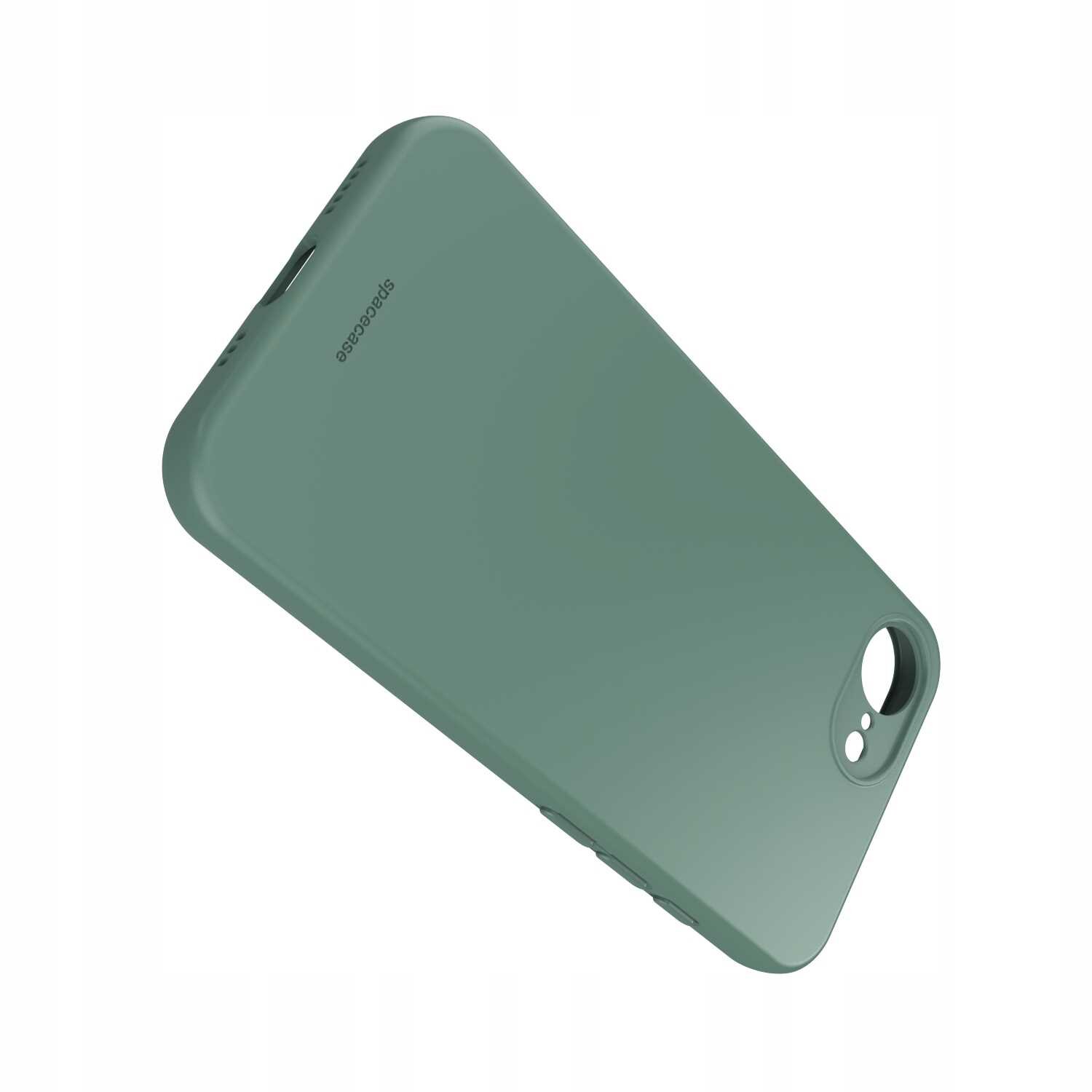 Zielone silikonowe etui z wycięciem na aparat i logo \'spacecase\'.