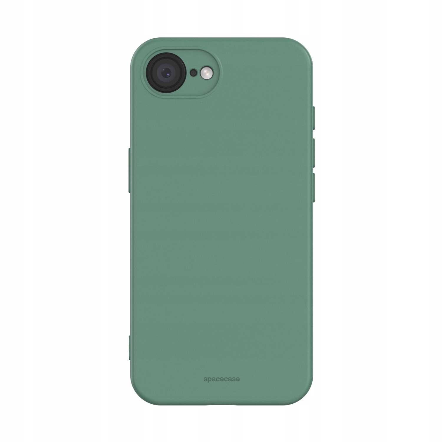 Zielone silikonowe etui na telefon z wycięciem na aparat i logo \'spacecase\' na dole.