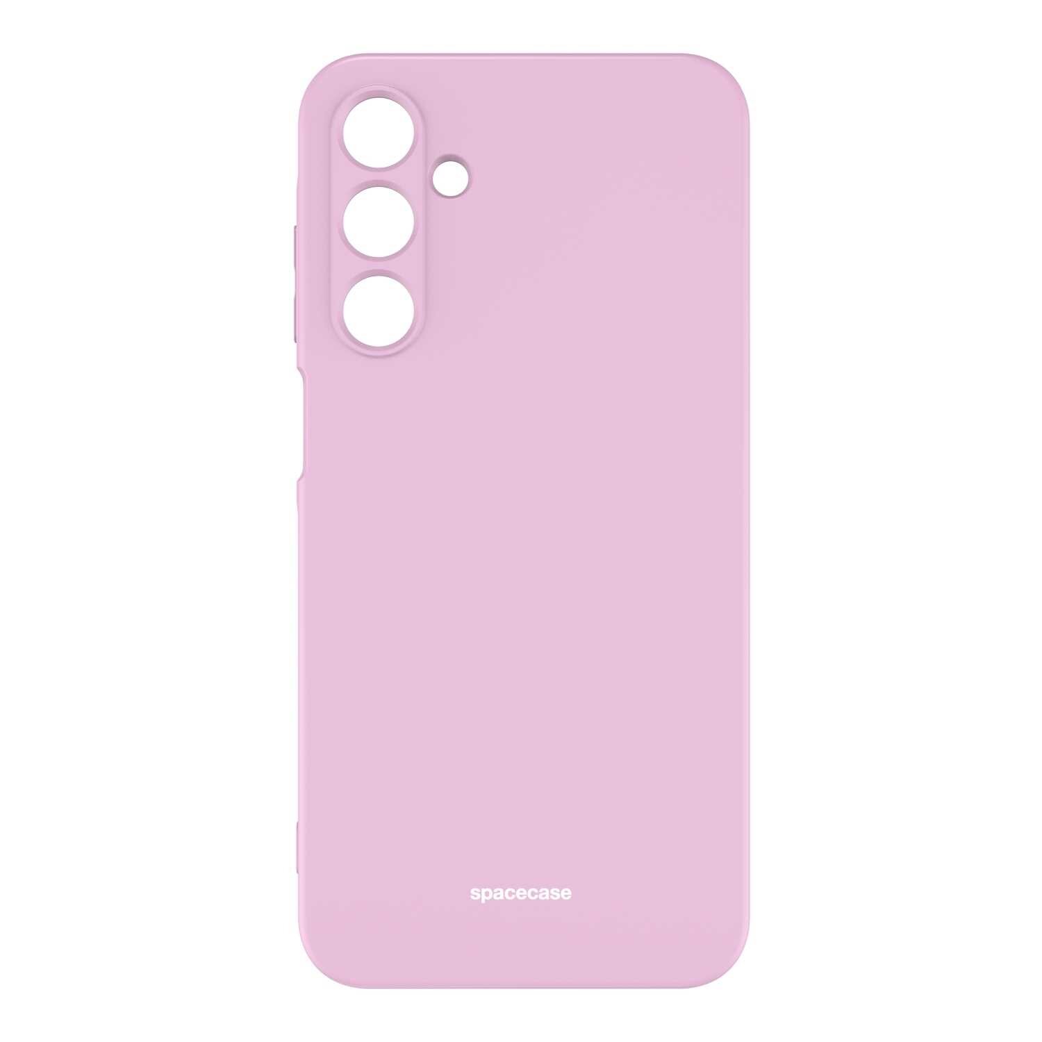 Różowe silikonowe etui z trzema otworami na aparat i jednym mniejszym otworem. Na dole widoczny jest napis \'spacecase\'.
