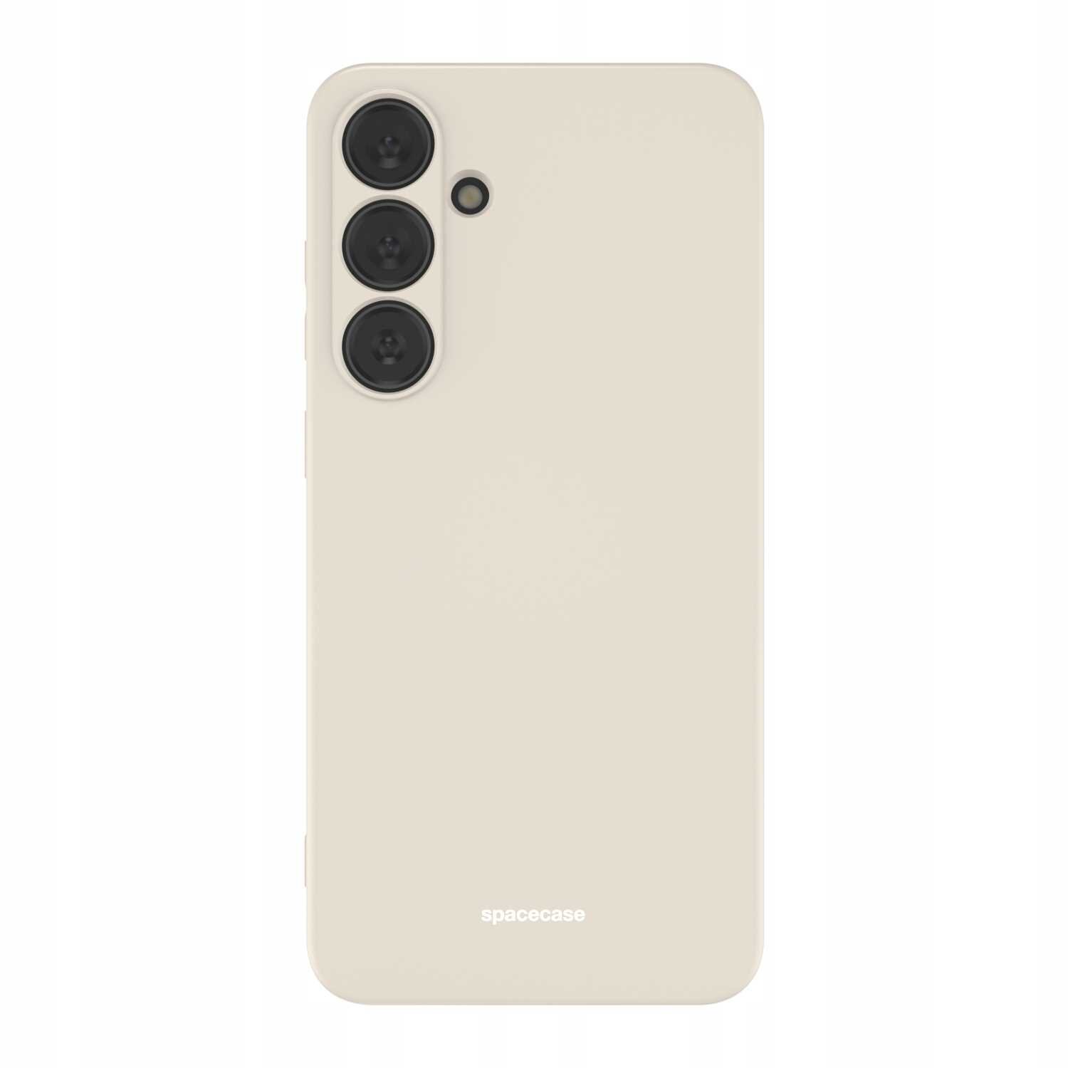 Beżowe silikonowe etui na telefon z trzema okrągłymi wycięciami na aparaty i napisem \'spacecase\' na dole.