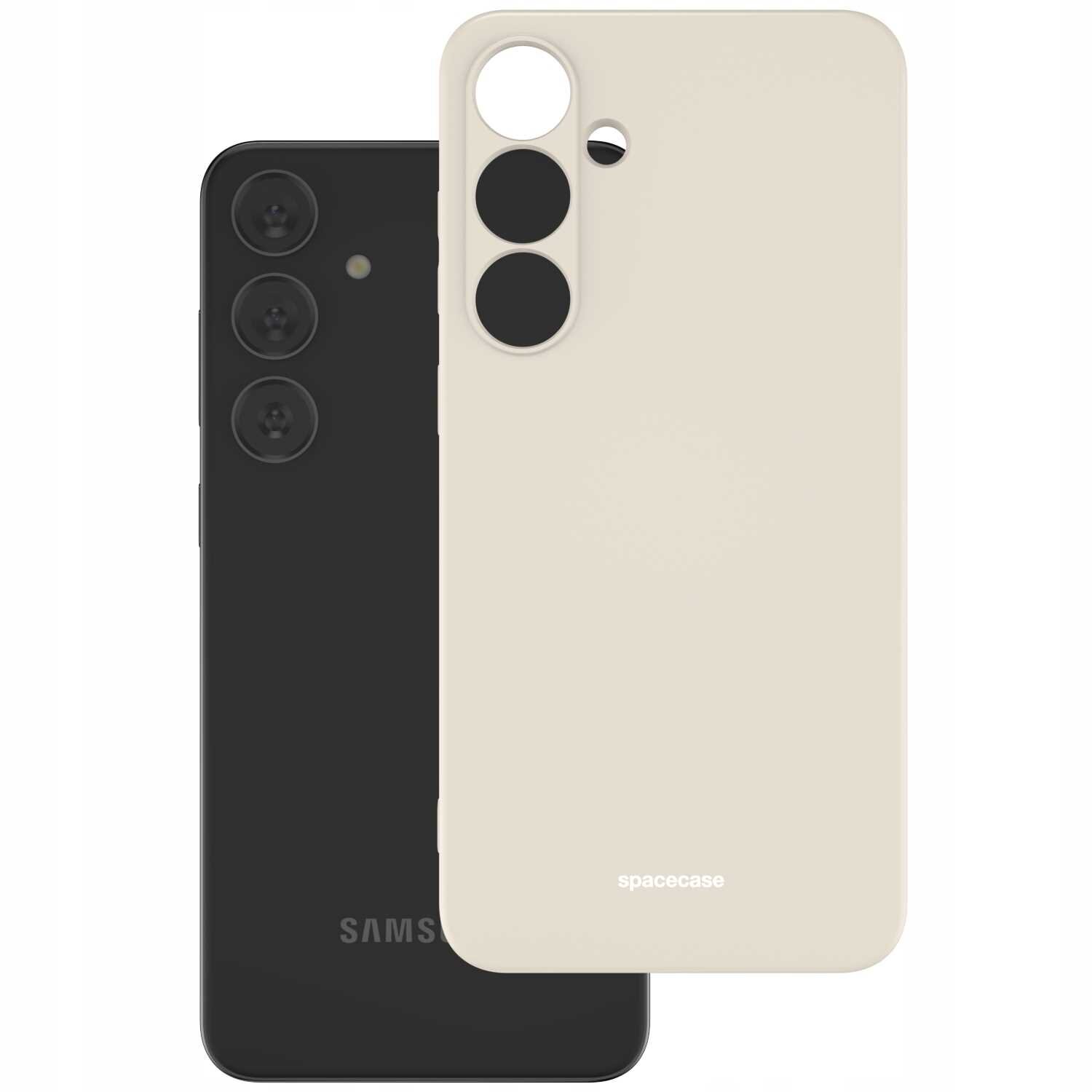 Na obrazie widoczne jest beżowe silikonowe etui z trzema otworami na aparaty oraz czarny telefon z trzema obiektywami. Na etui znajduje się napis \'spacecase\'.