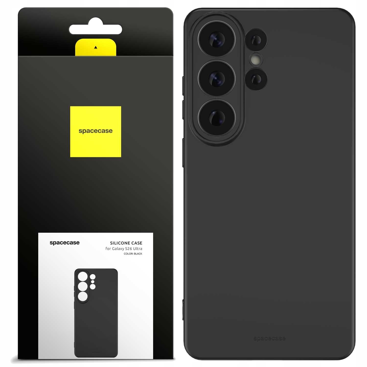 Obraz przedstawia czarne silikonowe etui na telefon z trzema dużymi otworami na aparaty. Opakowanie ma żółte logo z napisem \'spacecase\' oraz tekst \'SILICONE CASE for Galaxy S26 Ultra COLOR: BLACK\'.