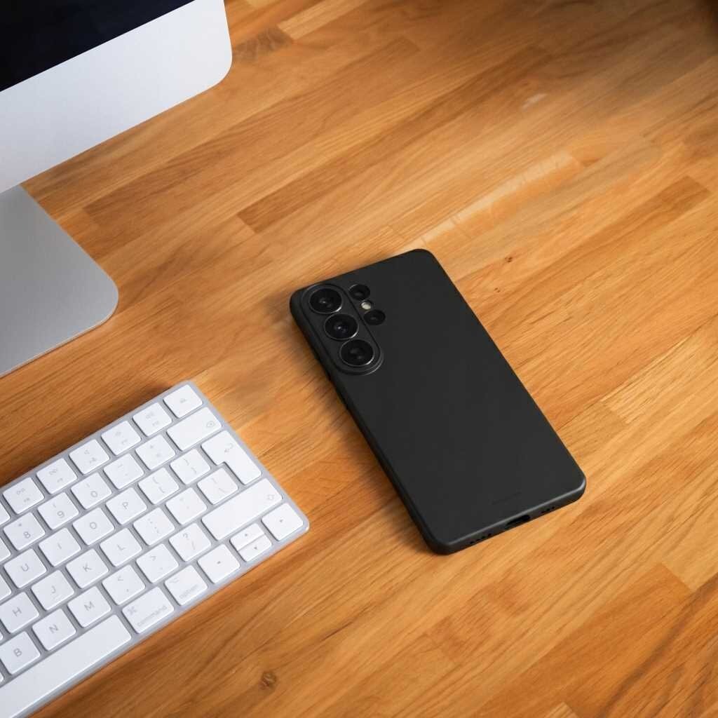 Na drewnianym blacie znajduje się czarne etui na smartfon z trzema widocznymi obiektywami aparatu. Obok leży biała klawiatura i fragment monitora.