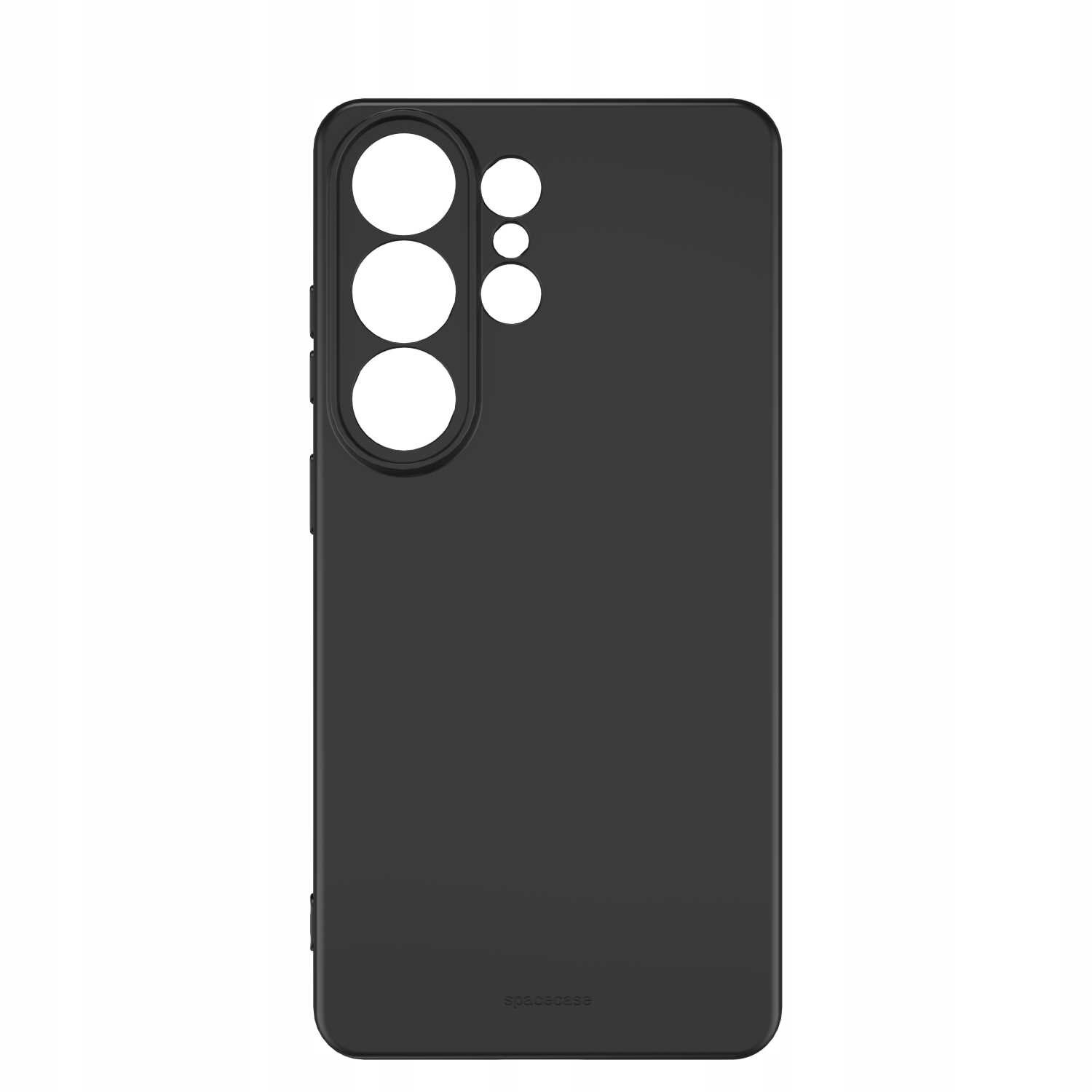 Czarne silikonowe etui z wycięciami na aparat i logo \'spacecase\' na dole.