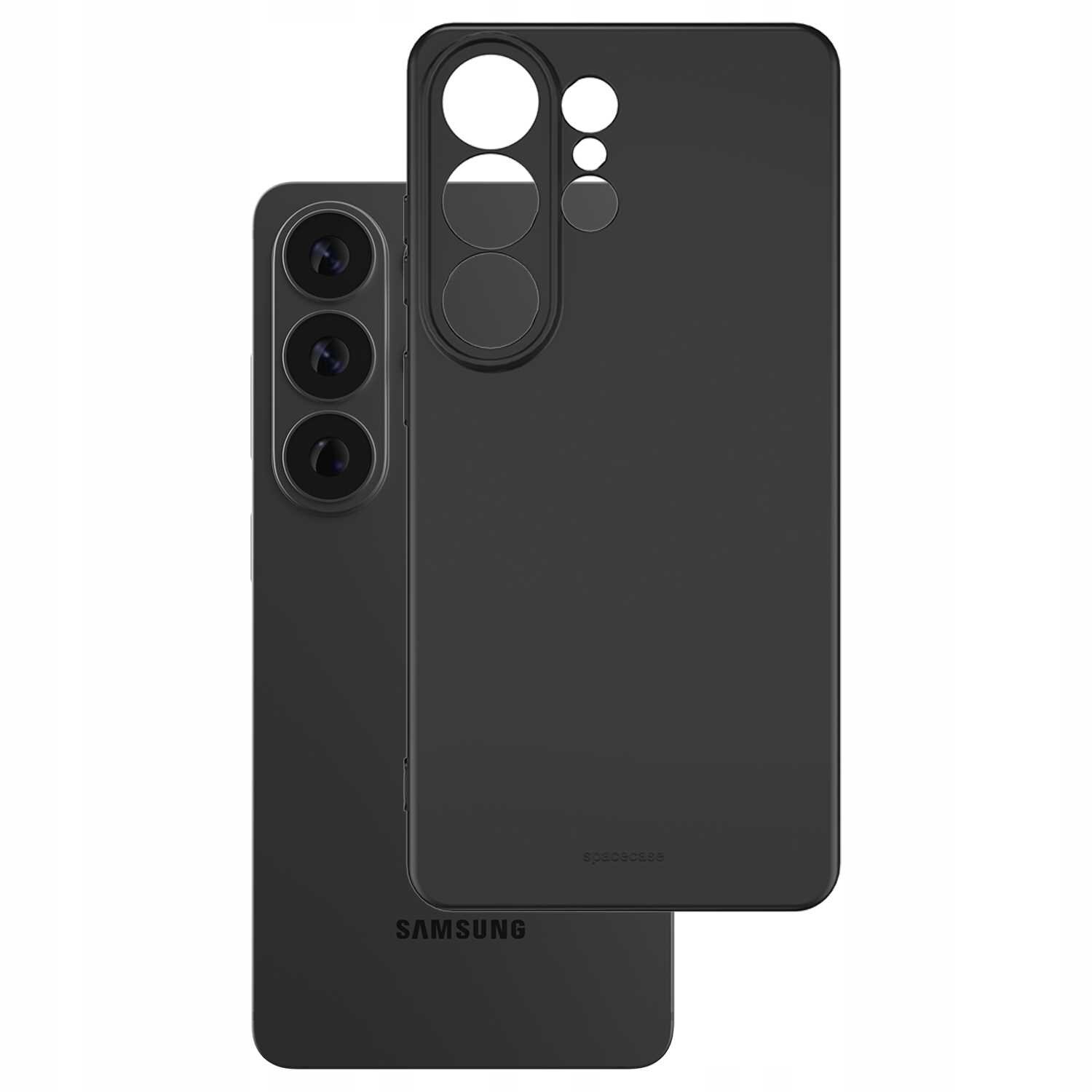 Czarne silikonowe etui z wycięciami na aparat, obok czarny smartfon z trzema obiektywami. Na telefonie widoczne jest logo \'Samsung\'.