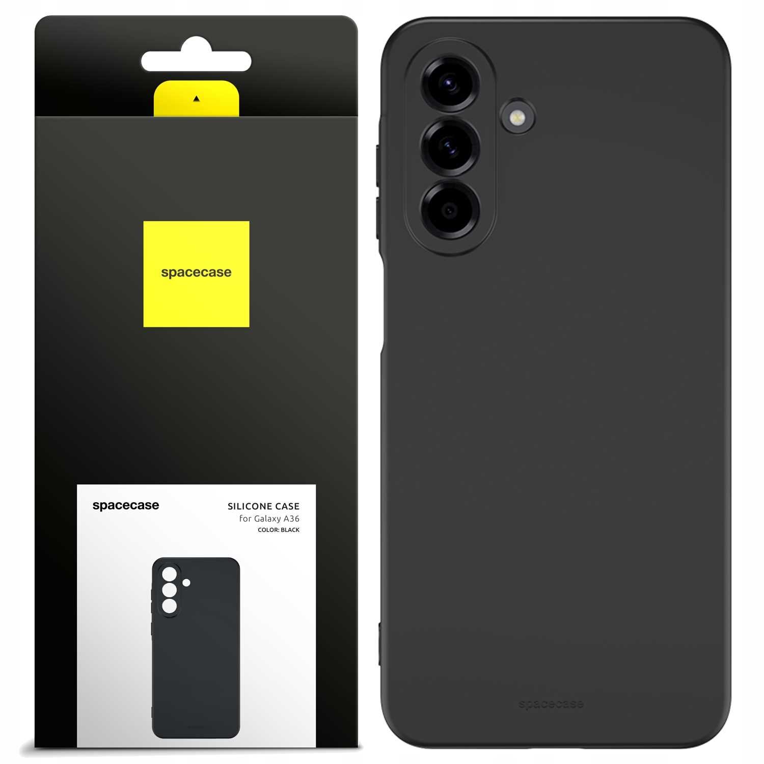 Czarne silikonowe etui na telefon z trzema otworami na aparaty. Opakowanie z logo \'spacecase\' i napisem \'SILICONE CASE for Galaxy A36 COLOR: BLACK\'.