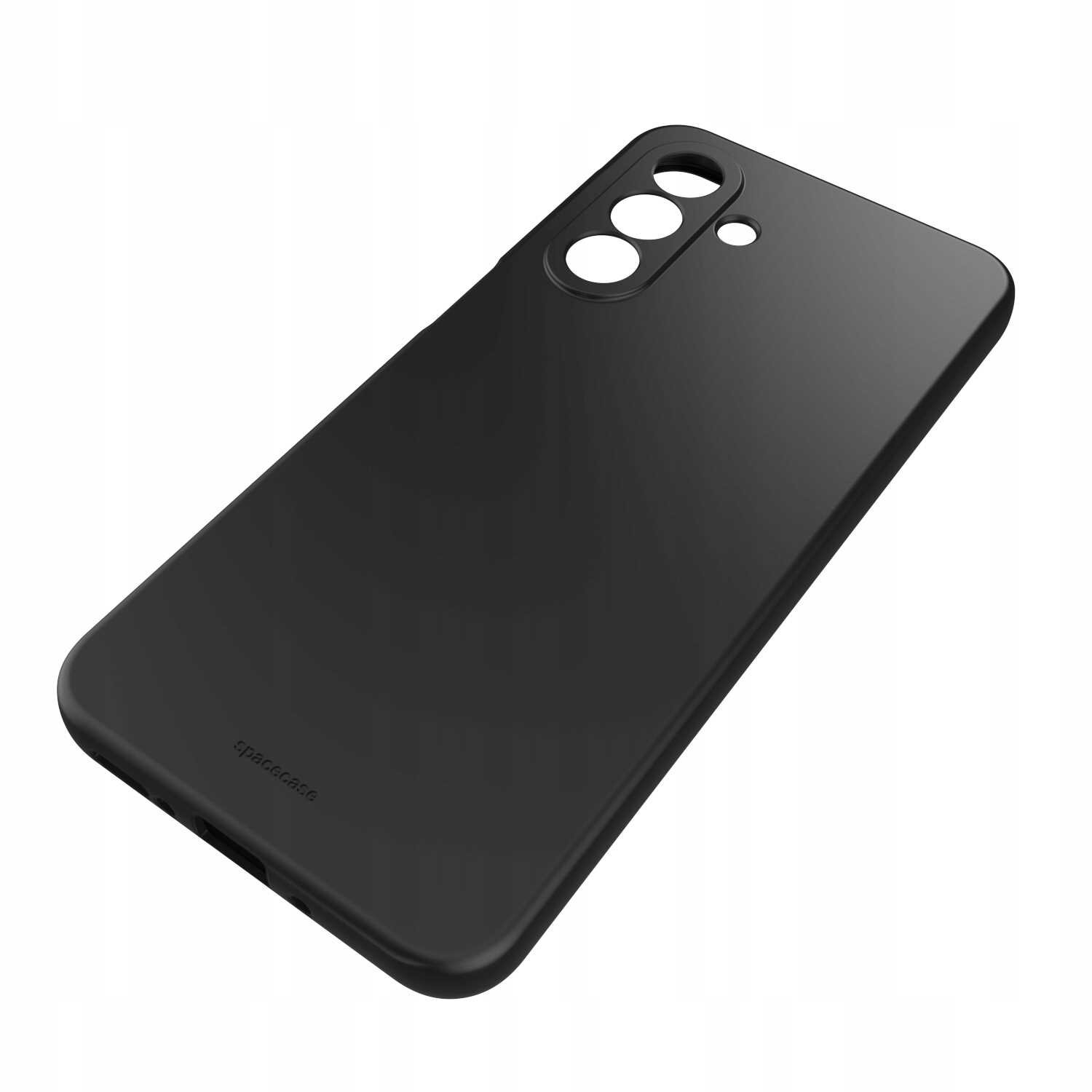 Czarne silikonowe etui z trzema otworami na aparaty i jednym mniejszym otworem. Na dole widoczny jest napis \'spacecase\'.