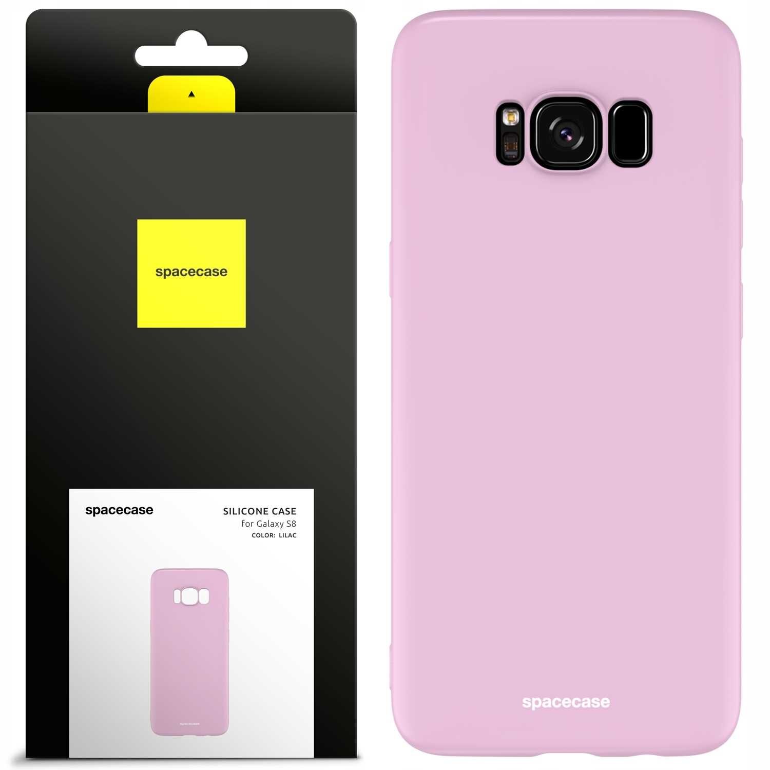 Obraz przedstawia różowe silikonowe etui na telefon Galaxy S8 oraz jego opakowanie. Na opakowaniu widnieje napis \'spacecase\' oraz \'SILICONE CASE for Galaxy S8 COLOR: LILAC\'.