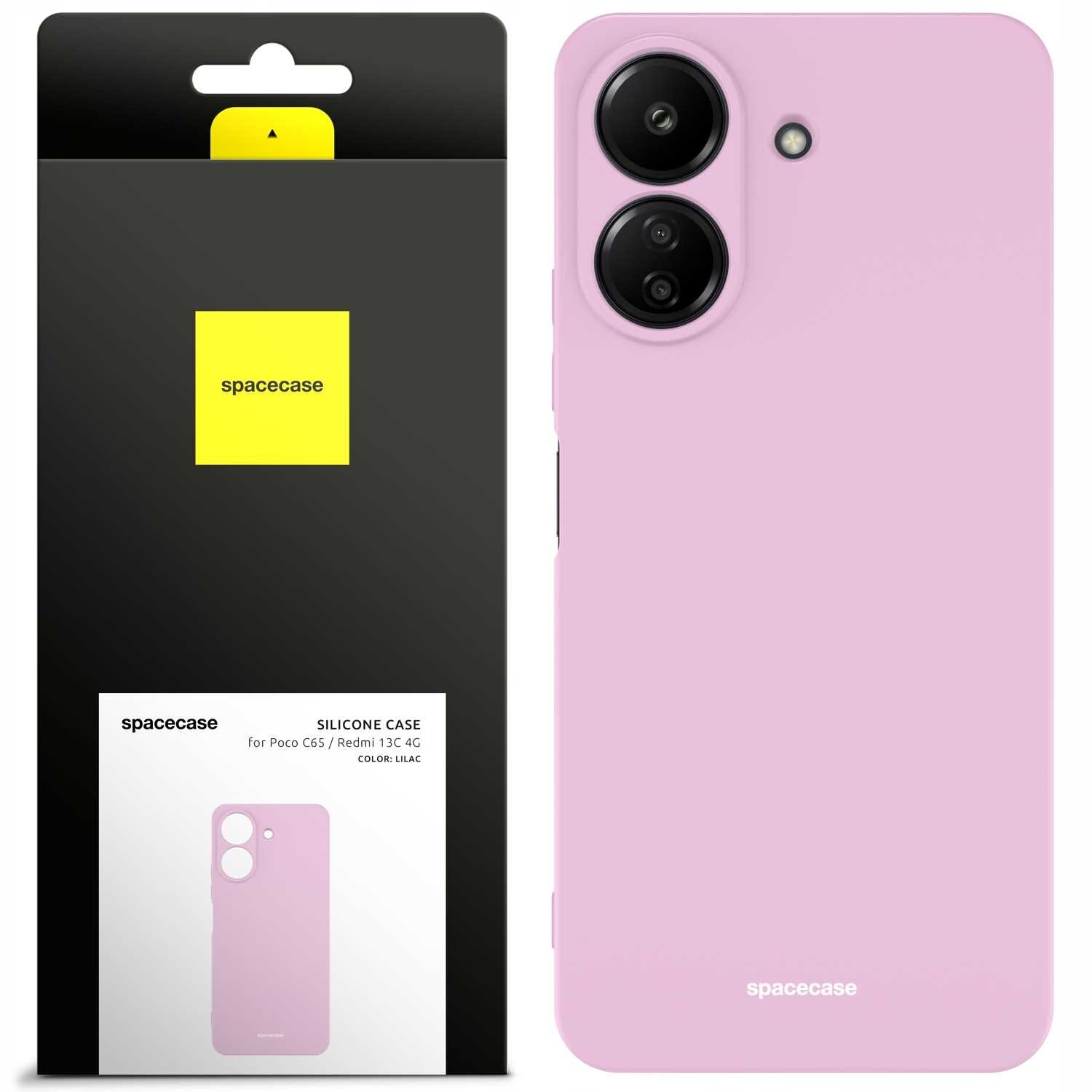 Różowe silikonowe etui na telefon z dwoma otworami na aparat i logo \'spacecase\'. Obok znajduje się opakowanie z napisem \'spacecase SILICONE CASE for Poco C65 / Redmi 13C 4G COLOR: LILAC\'.