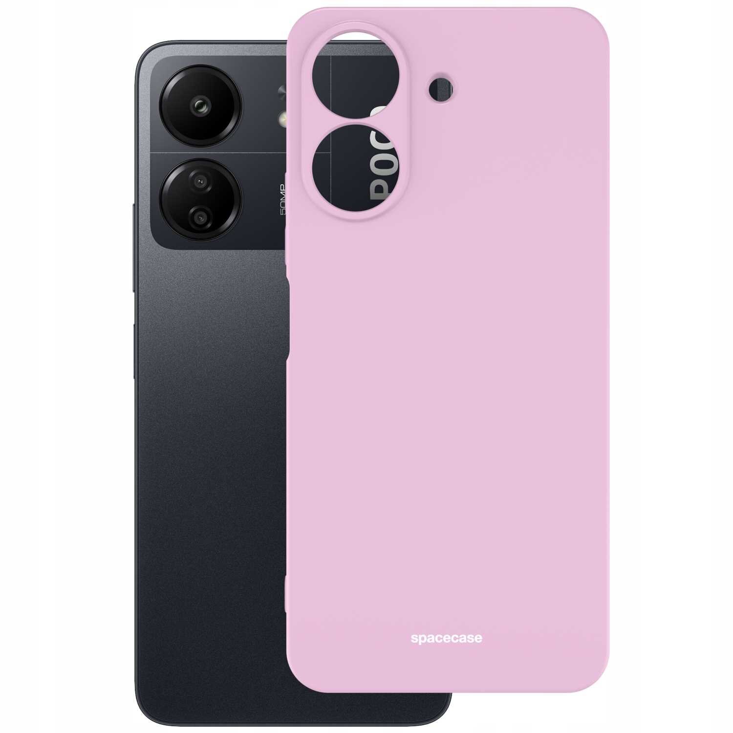 Na obrazie widoczne jest różowe silikonowe etui z wycięciami na aparat i logo \'spacecase\'. W tle znajduje się ciemny smartfon z dwoma obiektywami aparatu.