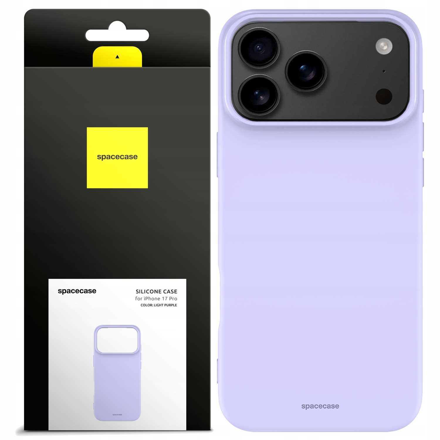 Obraz przedstawia fioletowe silikonowe etui na telefon z trzema otworami na aparaty. Opakowanie produktu zawiera napis \'spacecase\' oraz \'SILICONE CASE for iPhone 17 Pro COLOR: LIGHT PURPLE\'.