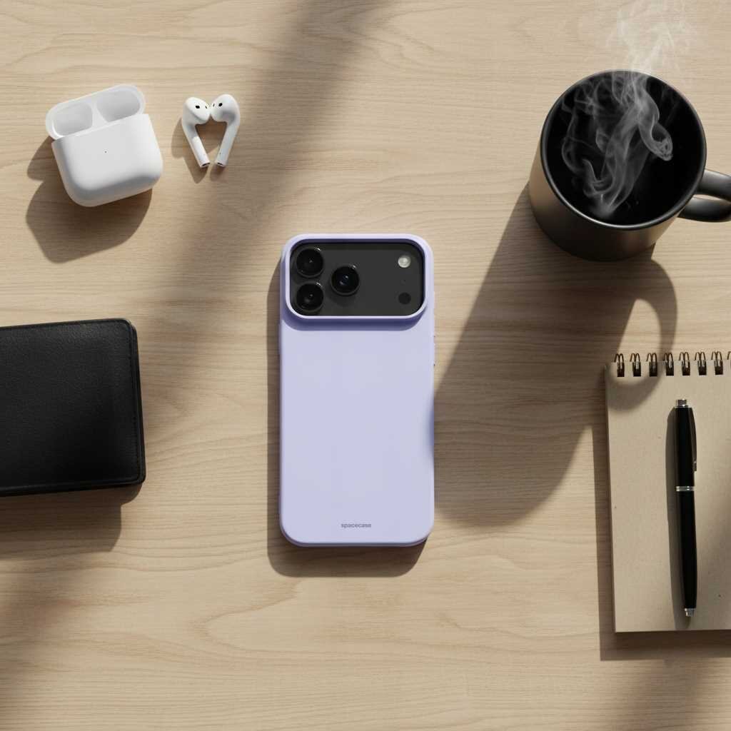 Na drewnianym blacie znajduje się fioletowe etui na telefon z trzema aparatami, obok czarny kubek z parującym napojem, notatnik z długopisem, czarne etui na słuchawki oraz białe słuchawki bezprzewodowe z otwartym etui. Na etui widoczny jest napis \'SPACECASE\'.
