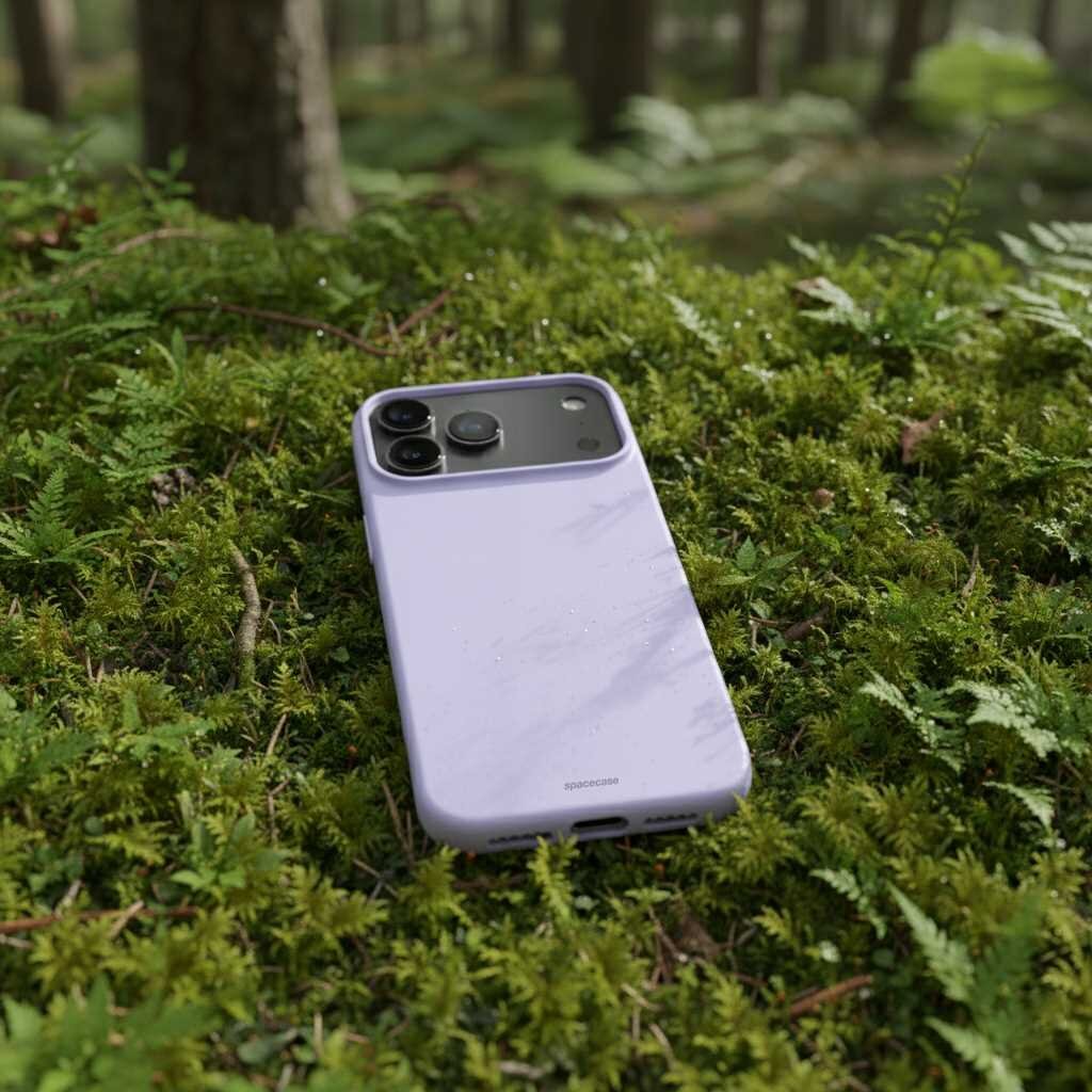 Fioletowe silikonowe etui na telefon leży na zielonym mchu w lesie. Na etui widoczny jest napis \'spacecase\'.