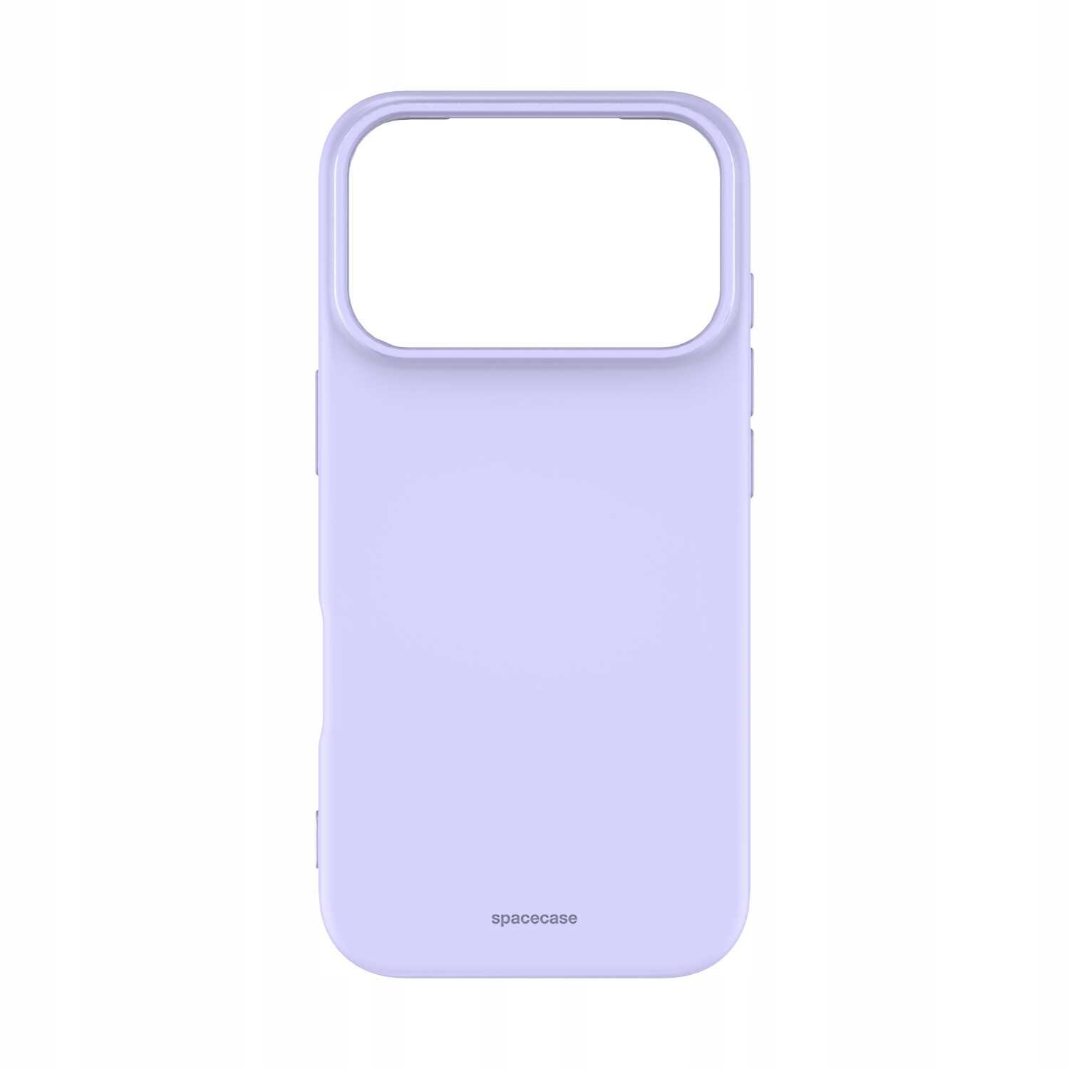 Fioletowe silikonowe etui z dużym otworem na aparat, na dole widoczny napis \'spacecase\'.