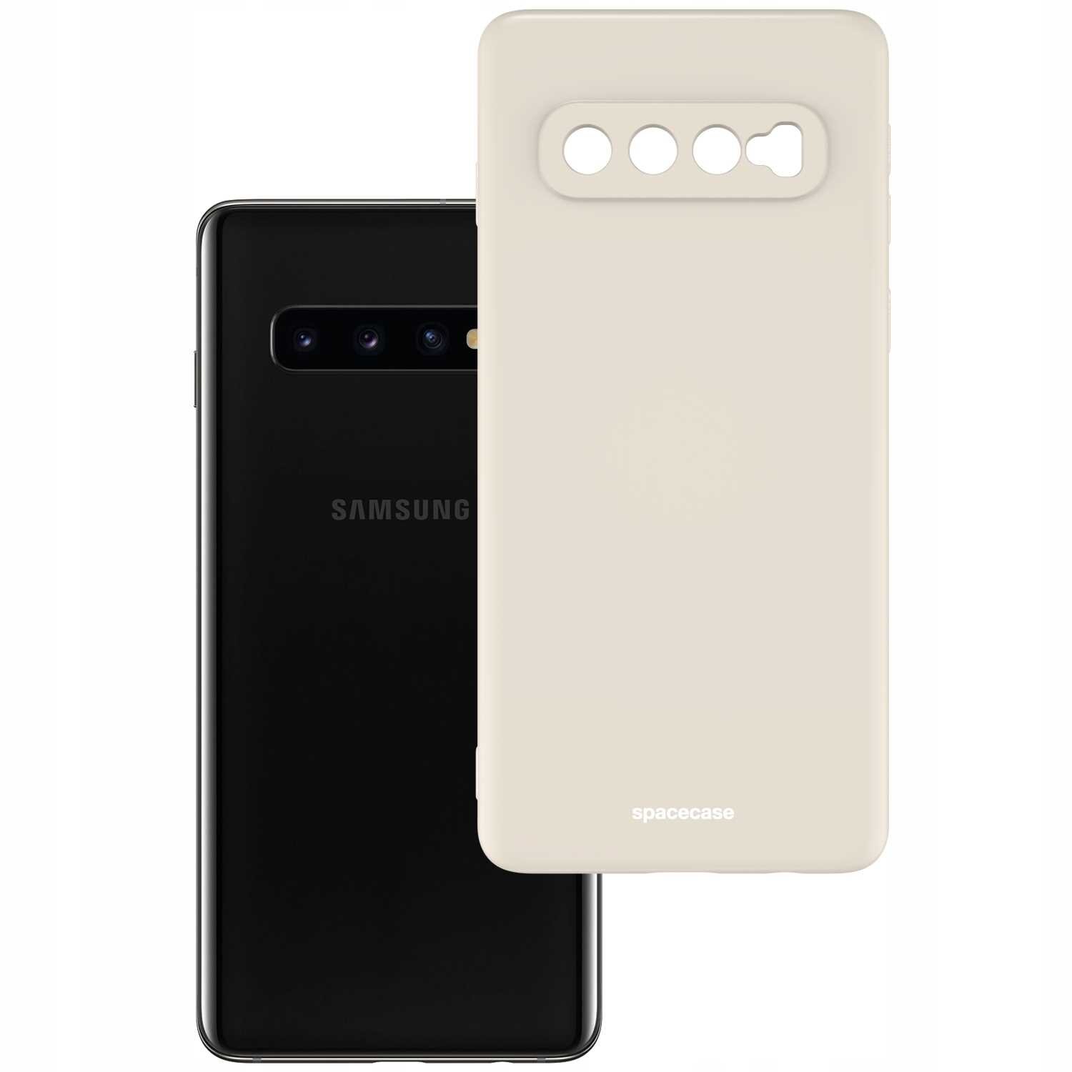 Na obrazie widoczne jest beżowe silikonowe etui z wycięciami na aparat, obok czarnego telefonu z logo \'SAMSUNG\'. Na etui znajduje się napis \'spacecase\'.
