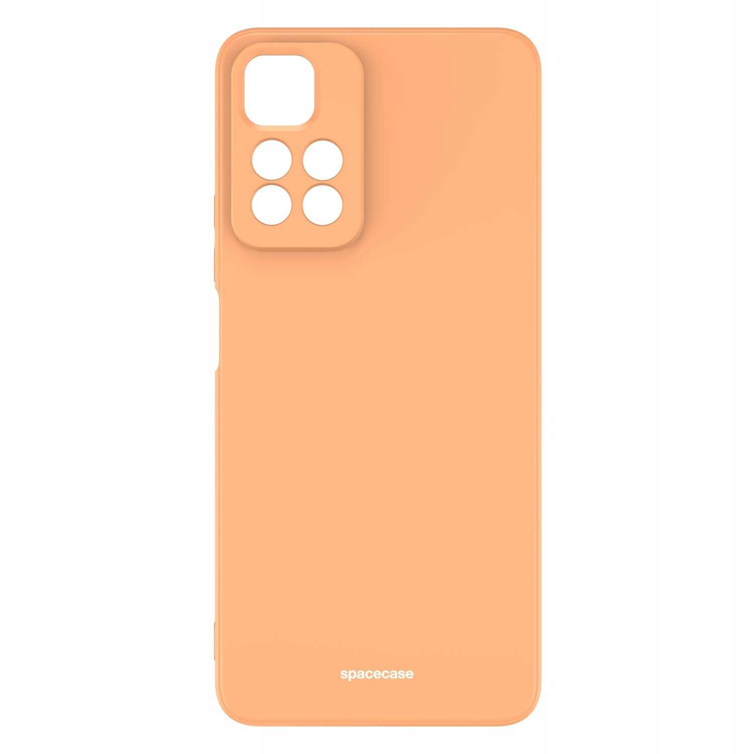 Pomarańczowe silikonowe etui z wycięciami na aparat i logo \'spacecase\' na dole.