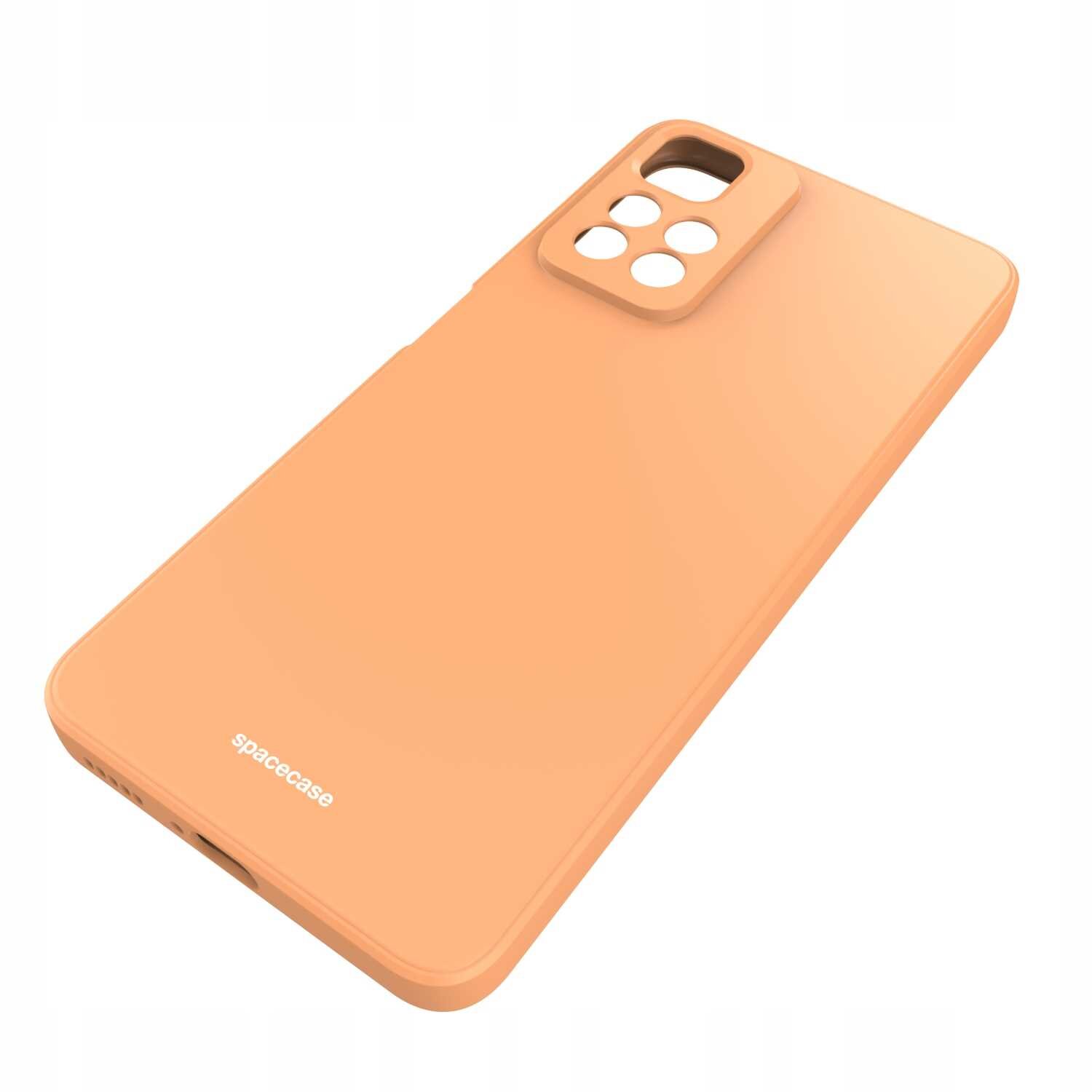 Pomarańczowe silikonowe etui z wycięciami na aparat i logo \'spacecase\' na dole. Etui jest przeznaczone do telefonu, z widocznymi otworami na przyciski i porty.