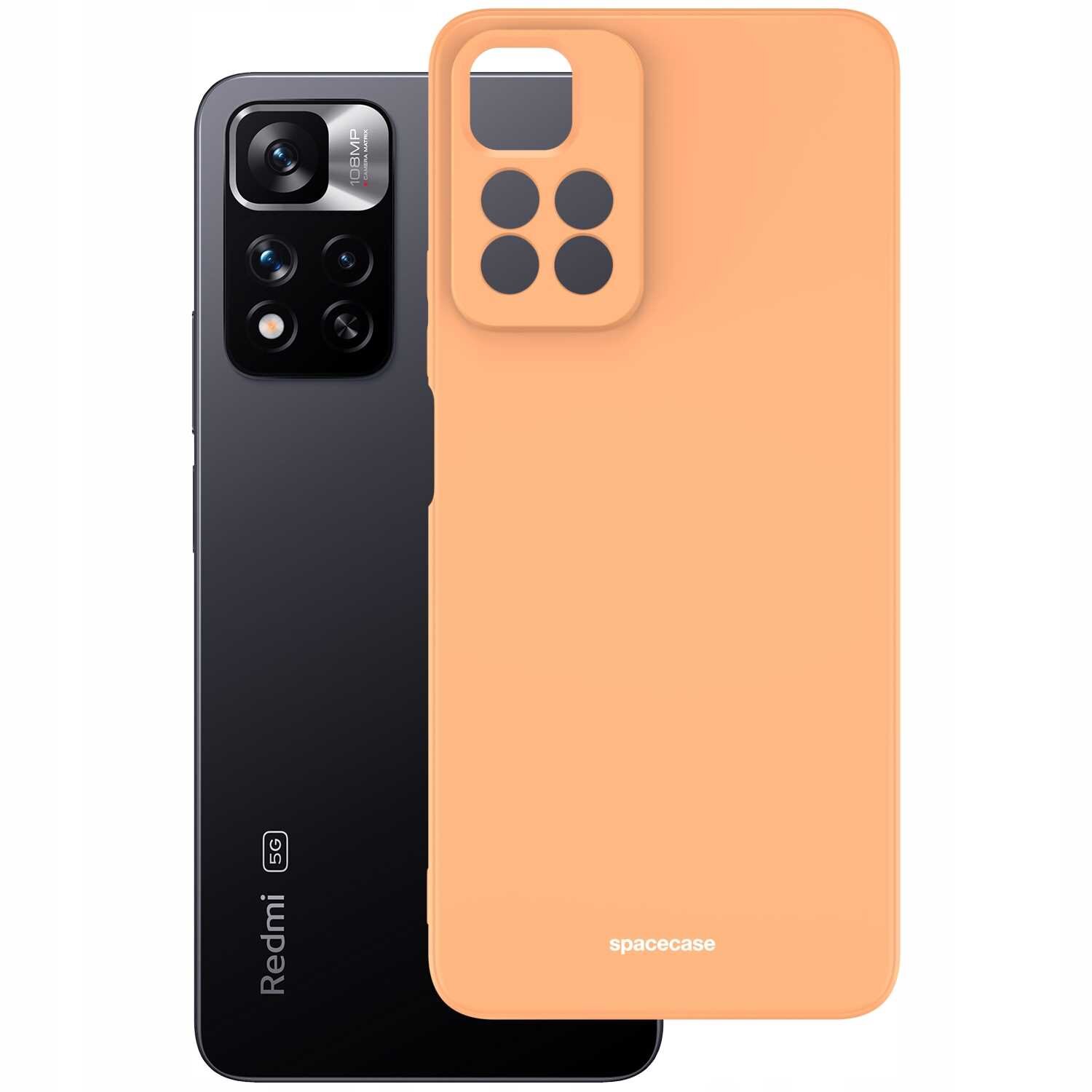 Na obrazie widoczny jest czarny smartfon z logo \'Redmi\' oraz pomarańczowe silikonowe etui z napisem \'spacecase\'.