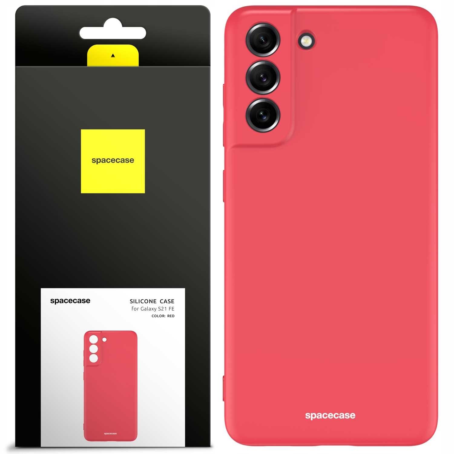 Obraz przedstawia czerwone silikonowe etui na telefon z trzema otworami na aparaty i jednym na lampę błyskową. Obok znajduje się opakowanie z logo \'spacecase\' i napisem \'SILICONE CASE for Galaxy S21 FE COLOR: RED\'.