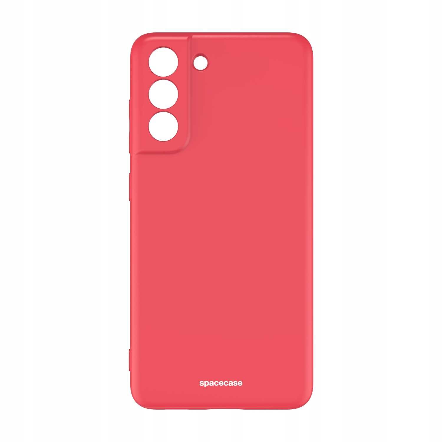 Czerwone silikonowe etui z trzema otworami na aparat i jednym mniejszym otworem. Na dole widoczny jest napis \'spacecase\'.