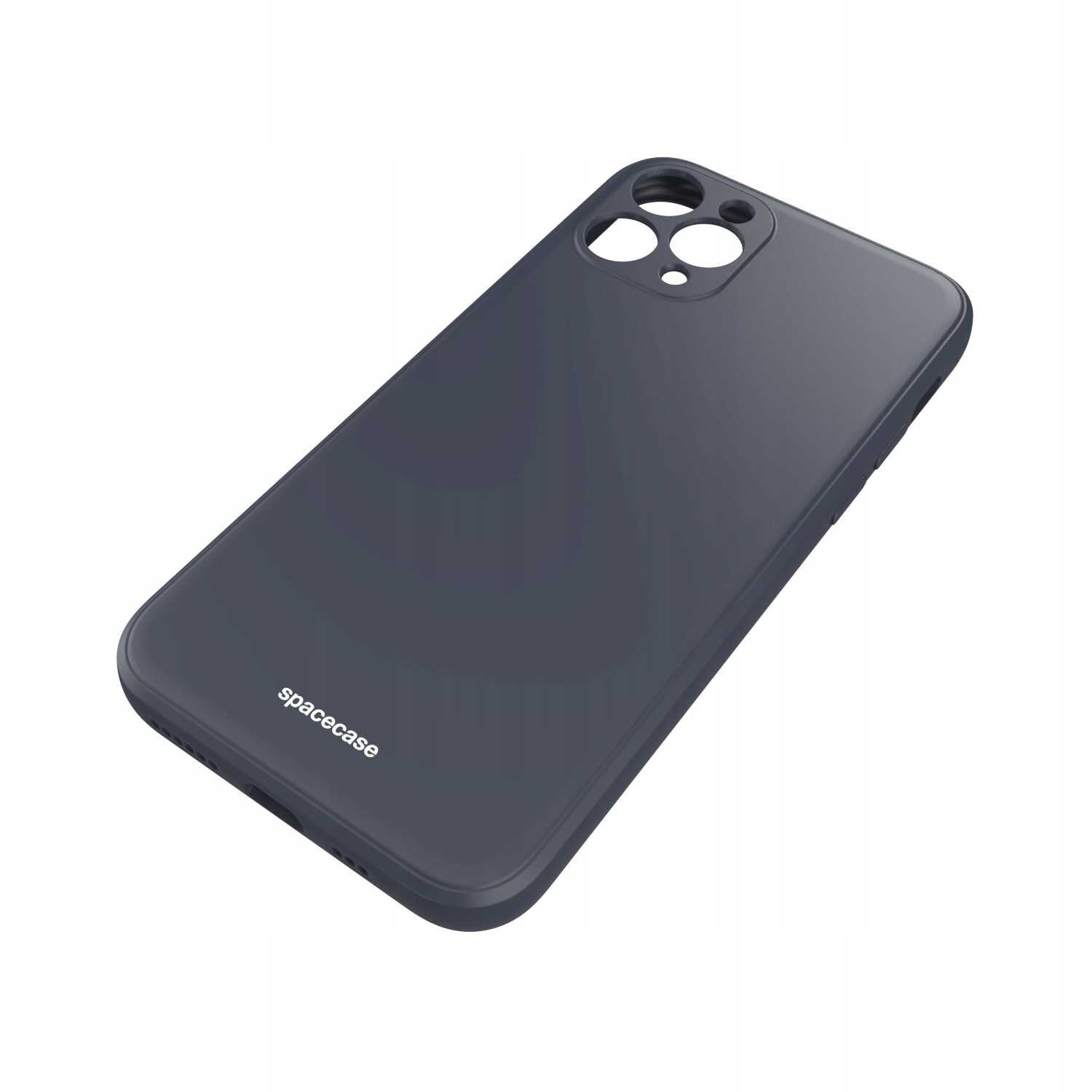 Czarne silikonowe etui z wycięciami na aparat i logo \'spacecase\' na dole.