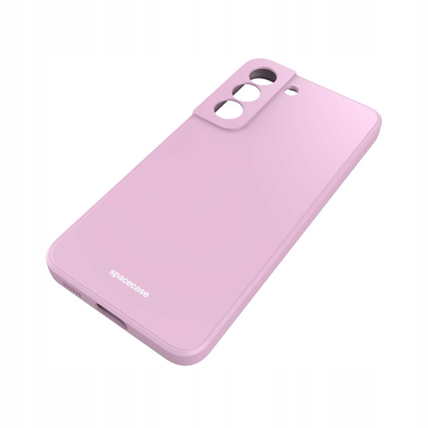 Różowe silikonowe etui z wycięciami na aparat i logo \'spacecase\' na dole. Etui jest przeznaczone do telefonu Galaxy S22.