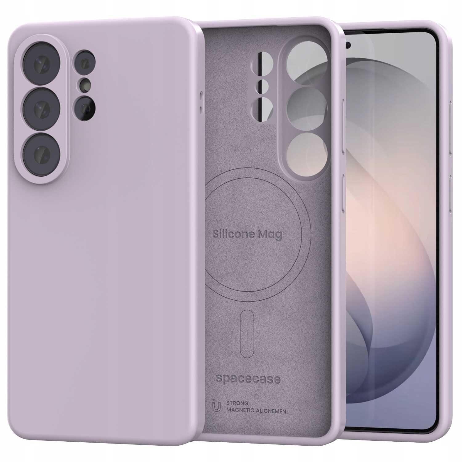 Na obrazie widoczne jest fioletowe silikonowe etui z trzema otworami na aparaty oraz napisem \'Silicone Mag\' i \'spacecase\' wewnątrz. Obok etui znajduje się smartfon z wyświetlaczem pokazującym abstrakcyjny wzór.