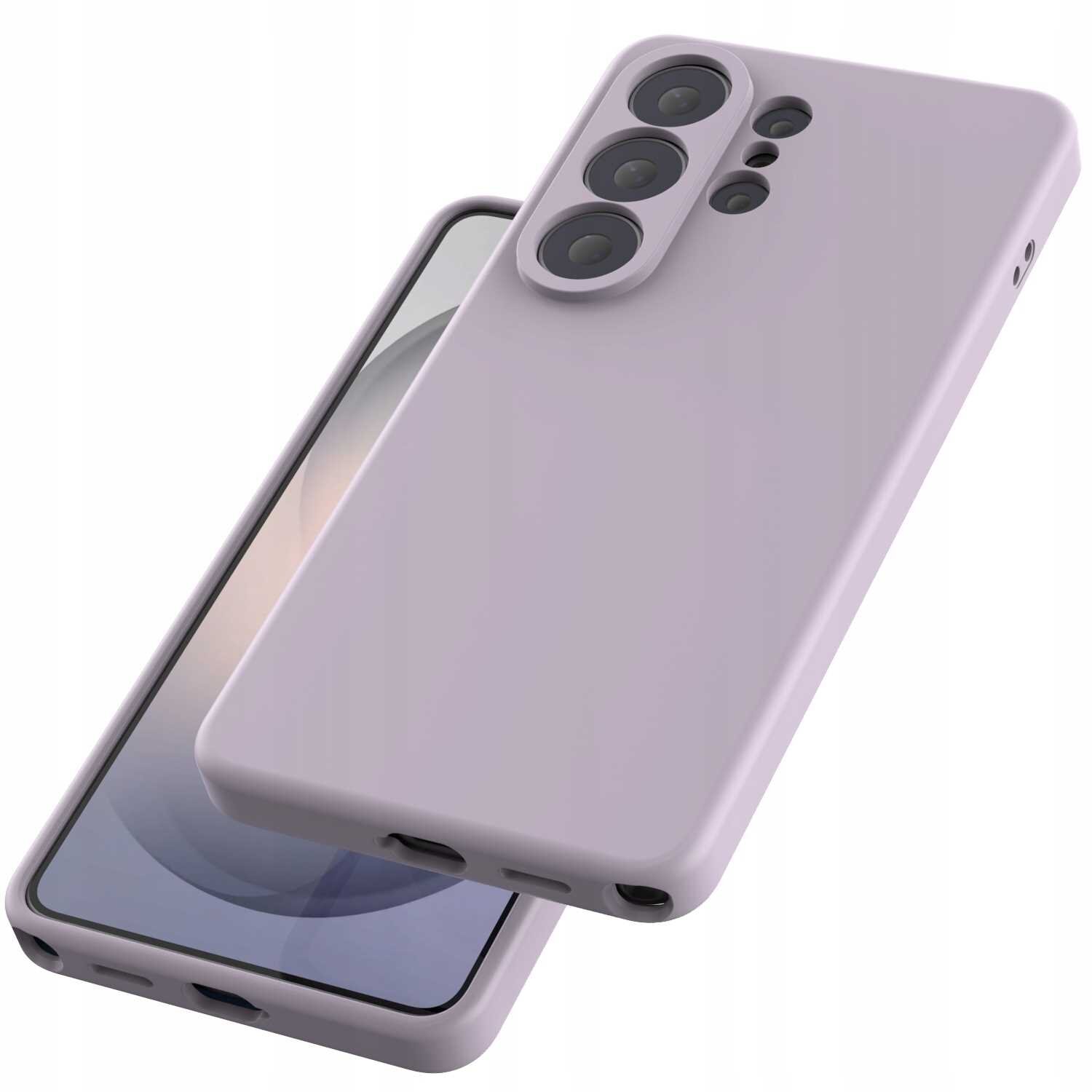 Na obrazie widoczne są dwa fioletowe silikonowe etui na telefon, jedno z nich pokazuje tylną część z otworami na aparat, a drugie przednią część z ekranem. Etui mają gładką powierzchnię i zaokrąglone krawędzie.